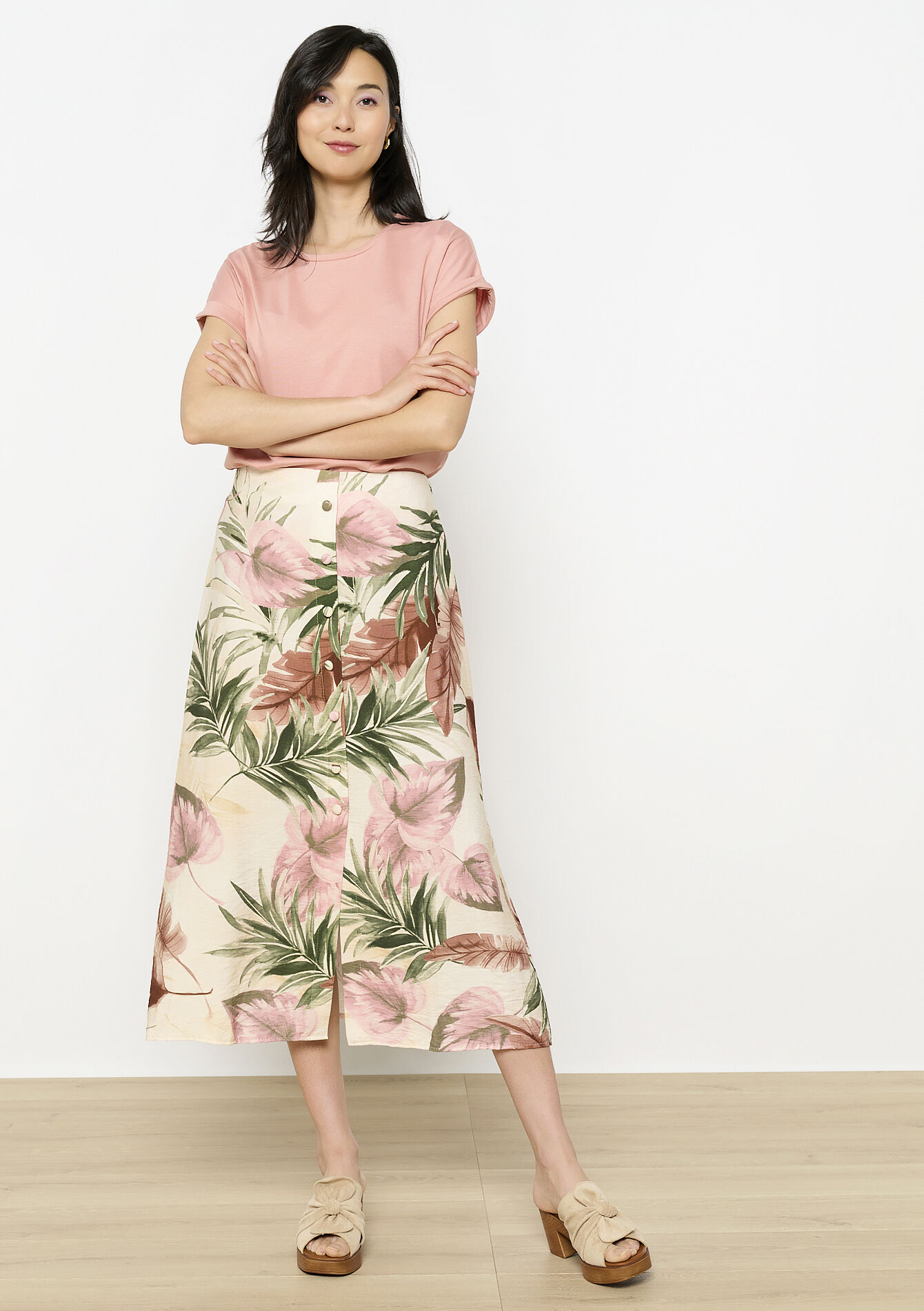 Midi-rok met bloemenprint, Midi-rok met bloemenprint - LT BEIGE - 07101372_2527