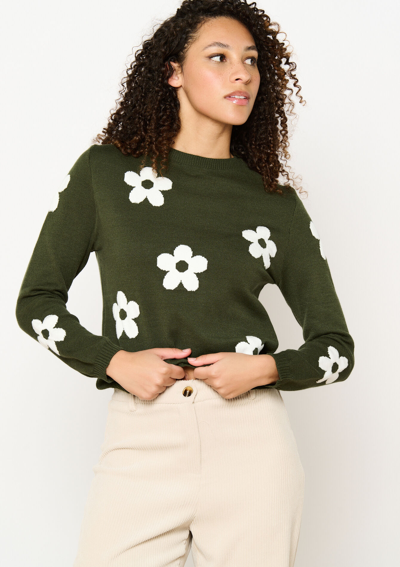 Trui met bloemen, Trui met bloemen - KHAKI MED - 04006757_4327