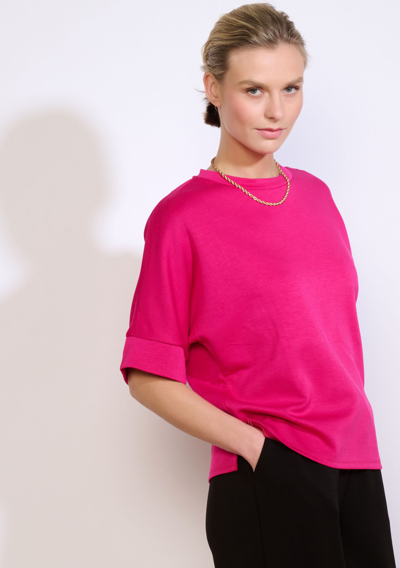 Modal T-shirt met ronde hals - FUSCHIA PINK - 15100407_1465