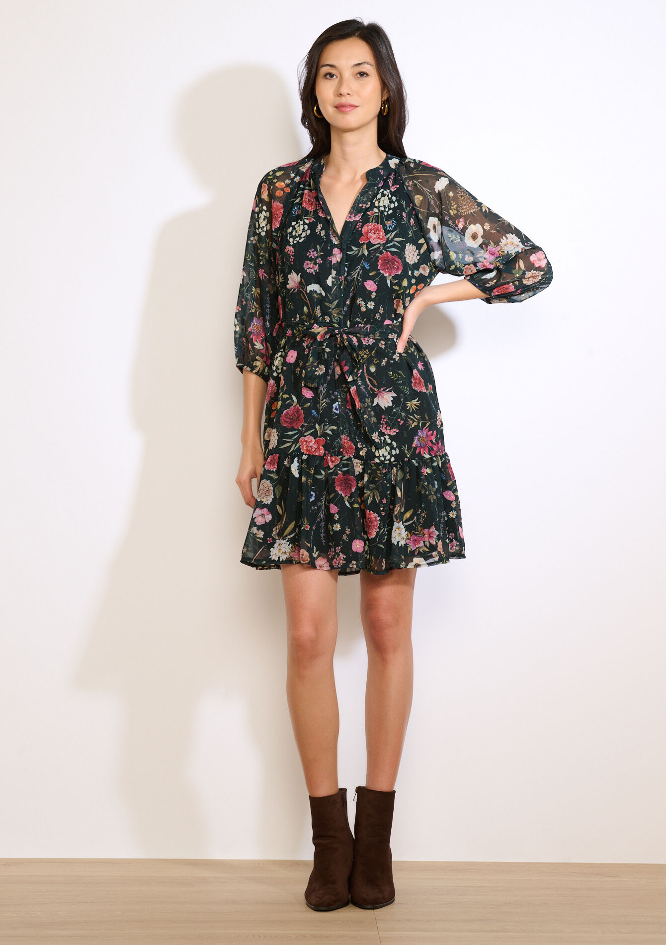 Floral belted short dress - BOTTLE GREEN - 08104310_1778