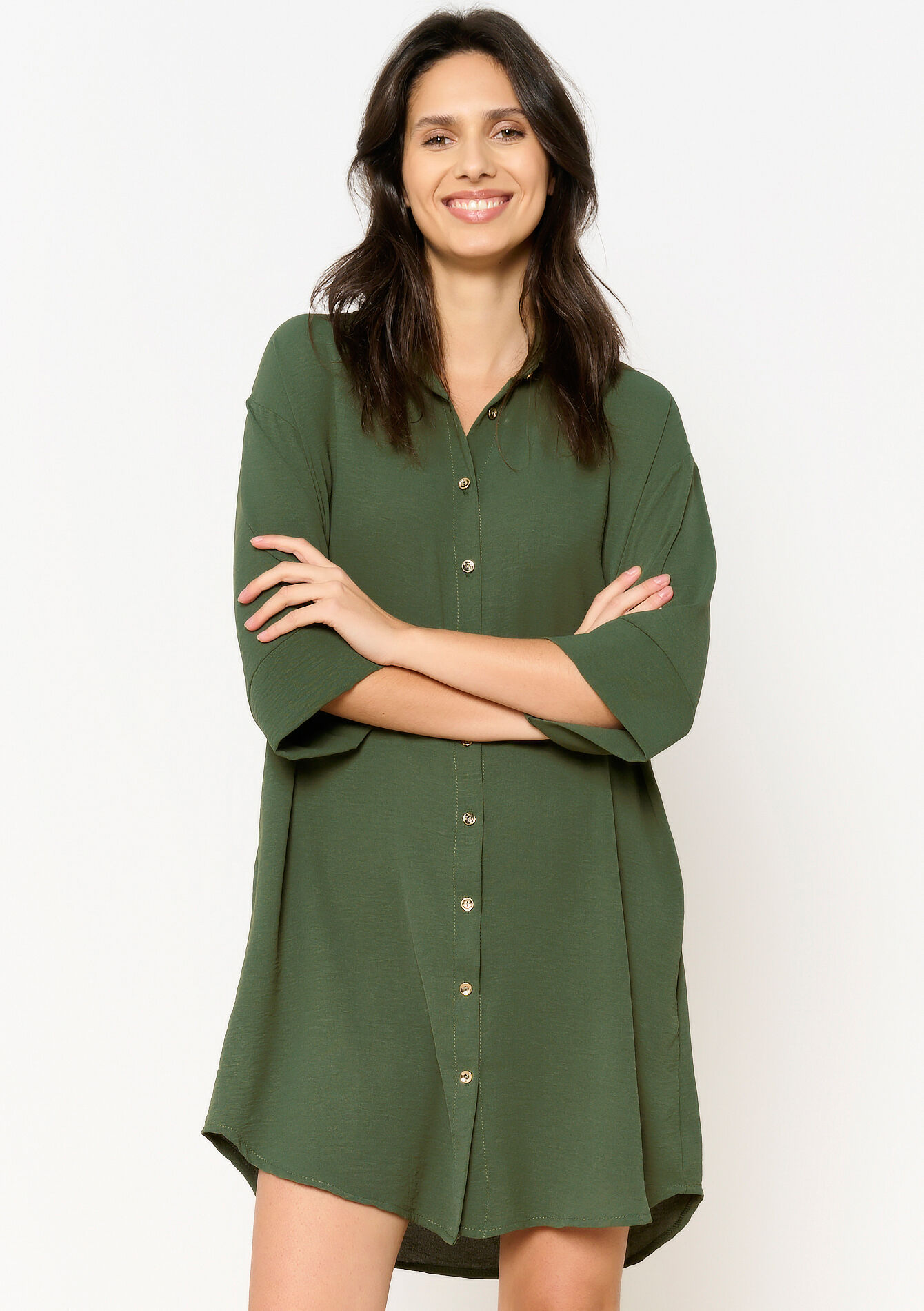 Hemdjurk met driekwartsmouwen - KHAKI MED - 08103993_4327