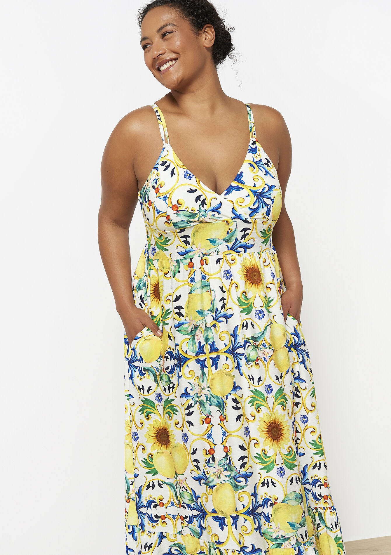 Robe longue imprimée citron, Robe longue imprimée citron - YELLOW PASTEL - 08104151_5004