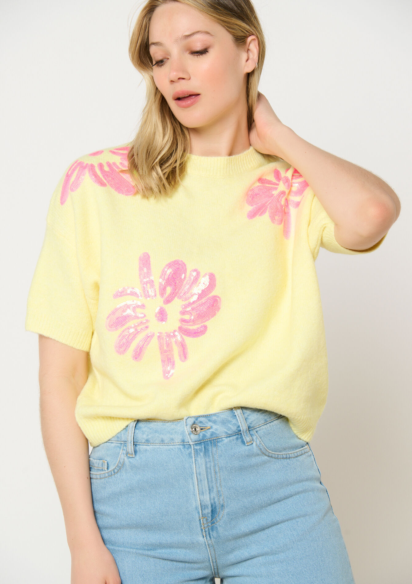 Geborduurde bloemen trui, Geborduurde bloemen trui - YELLOW PASTEL - 04006843_5004