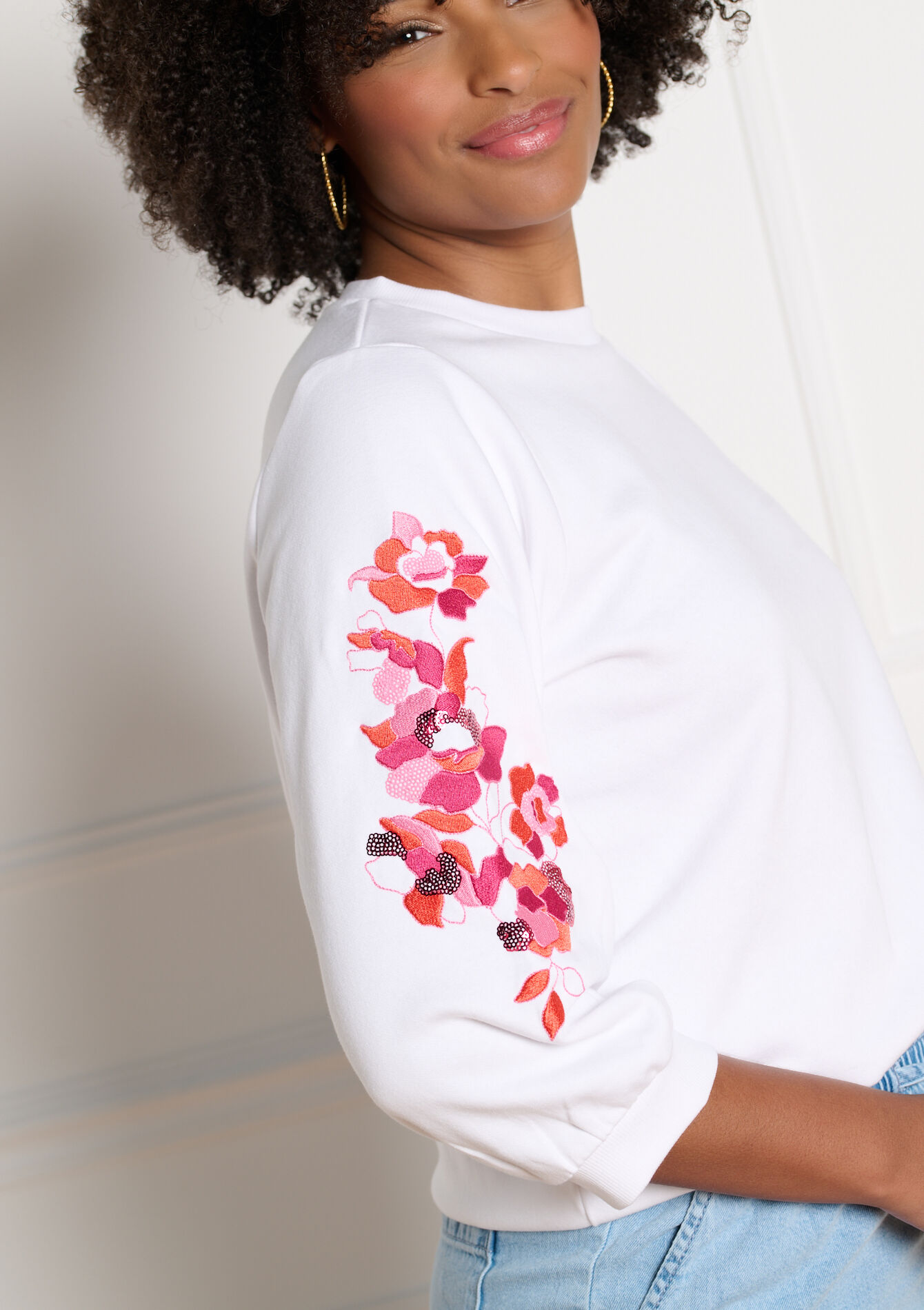 Sweatshirt met geborduurde mouwen, Sweatshirt met geborduurde mouwen - OFFWHITE - 03001829_1001