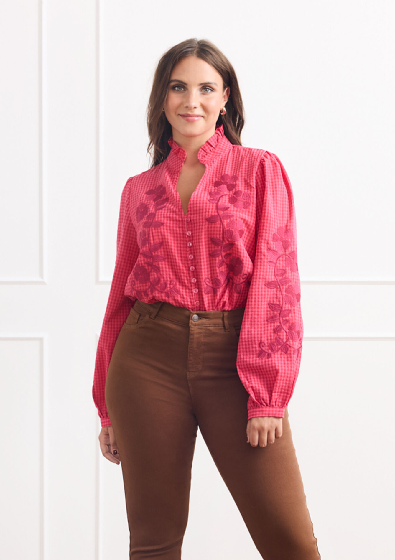 Losvallende geborduurde blouse - FUCHSIA - 05702910_5626