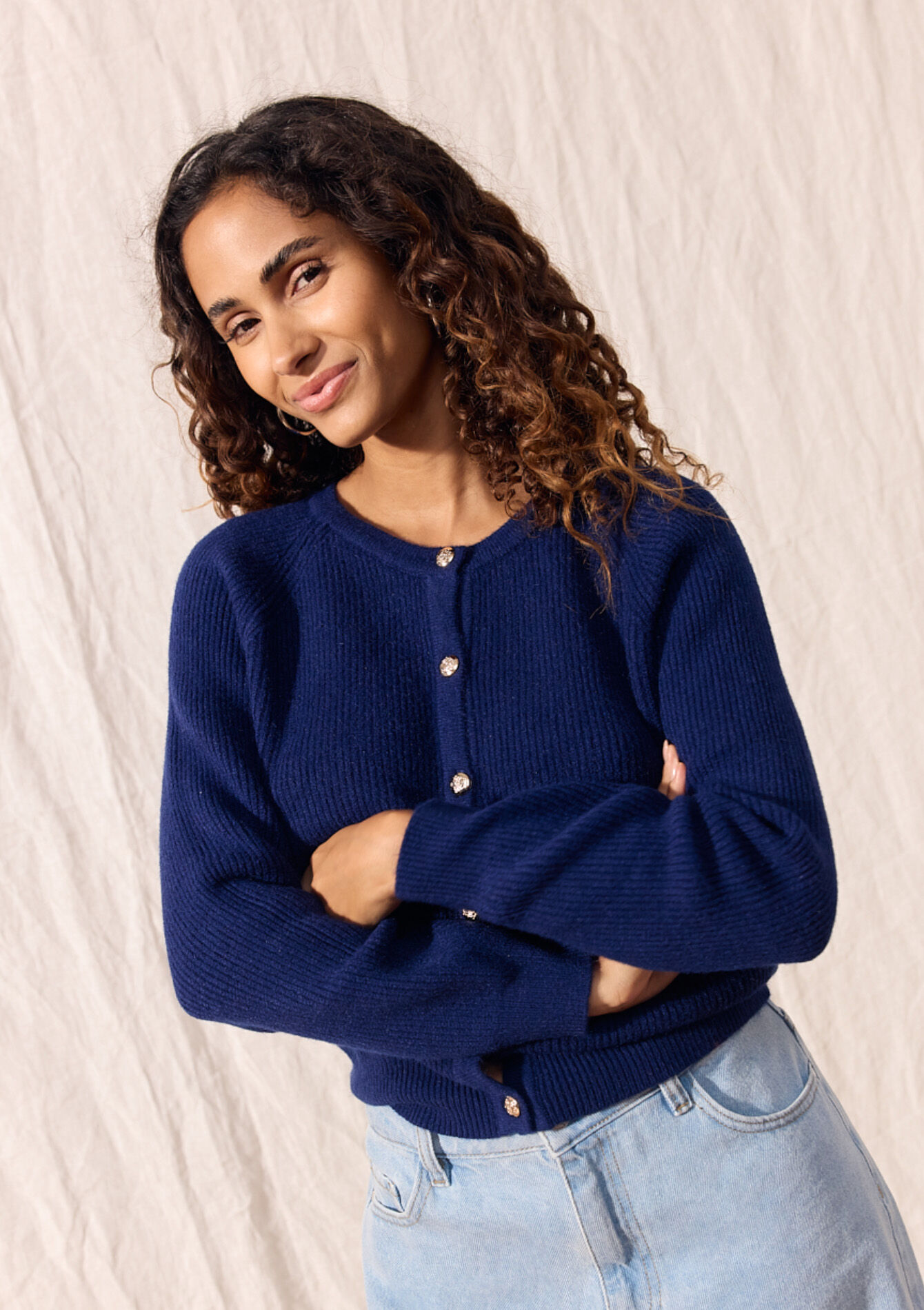 Geribde cardigan met ronde hals - NAVY BASIC - 04101253_2723