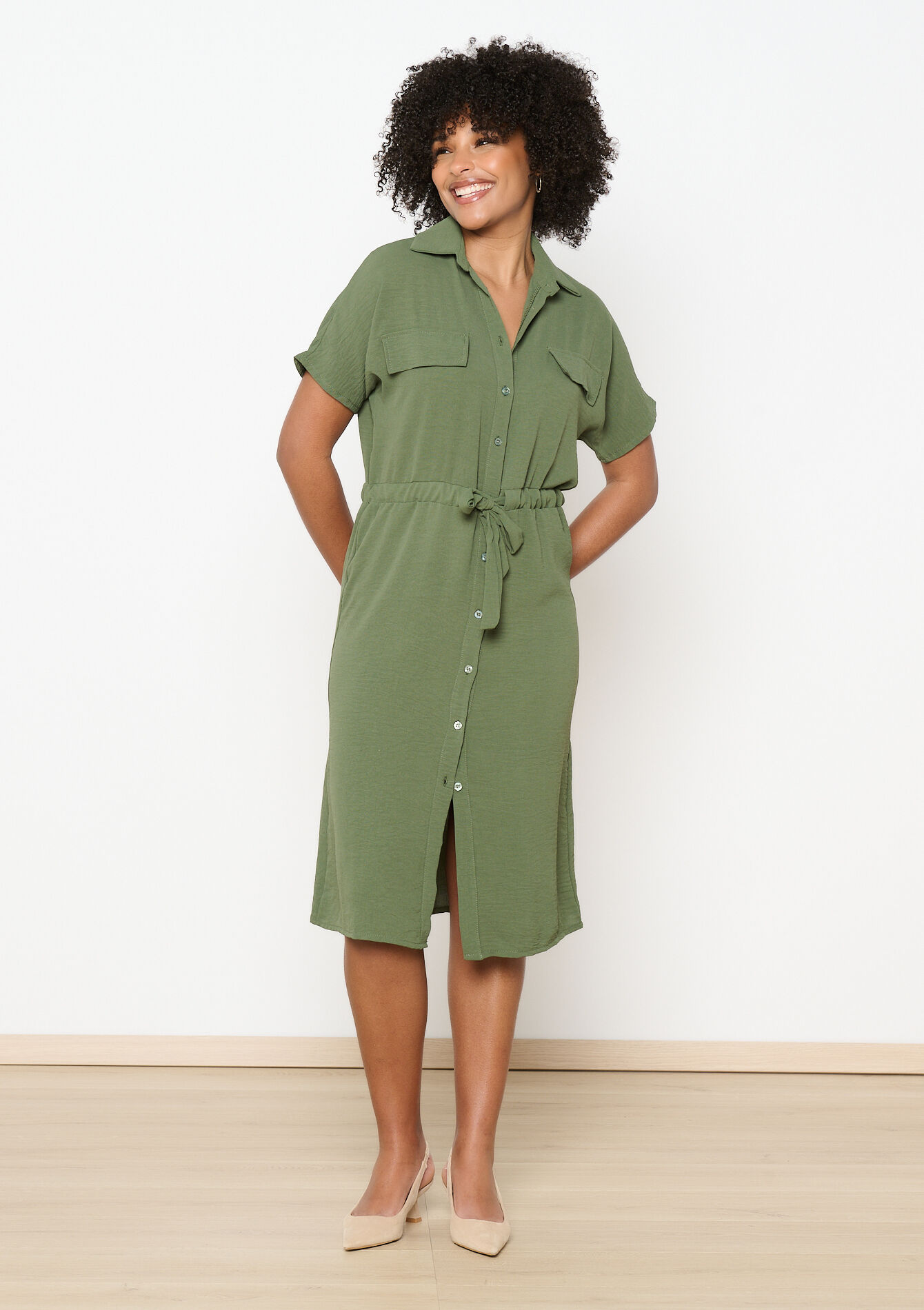 Robe-chemise mi-longue, Robe-chemise mi-longue - KHAKI MED - 08104038_4327