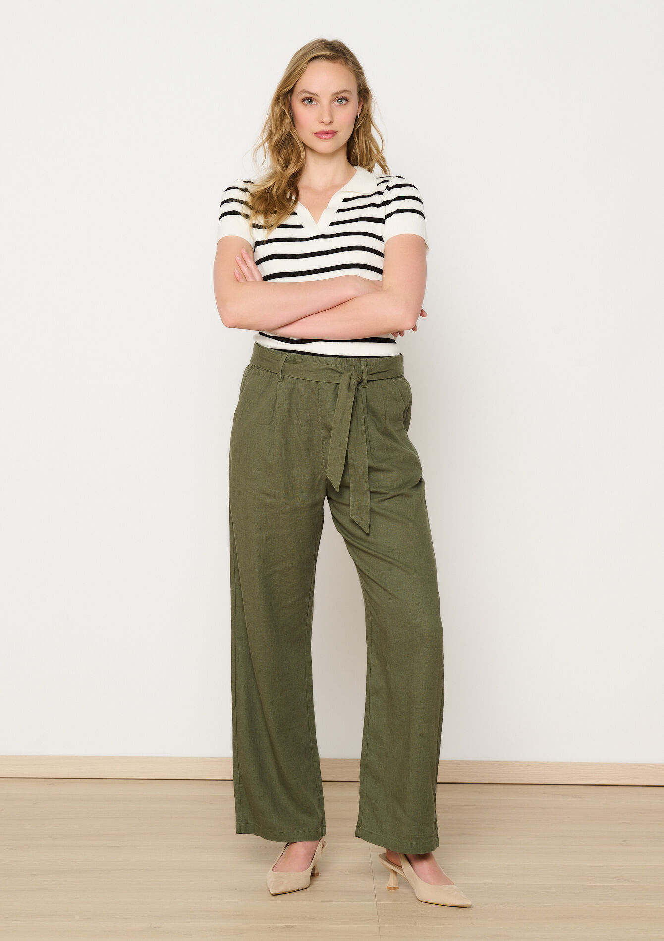 Linen pants with belt - KHAKI MED - 1116686