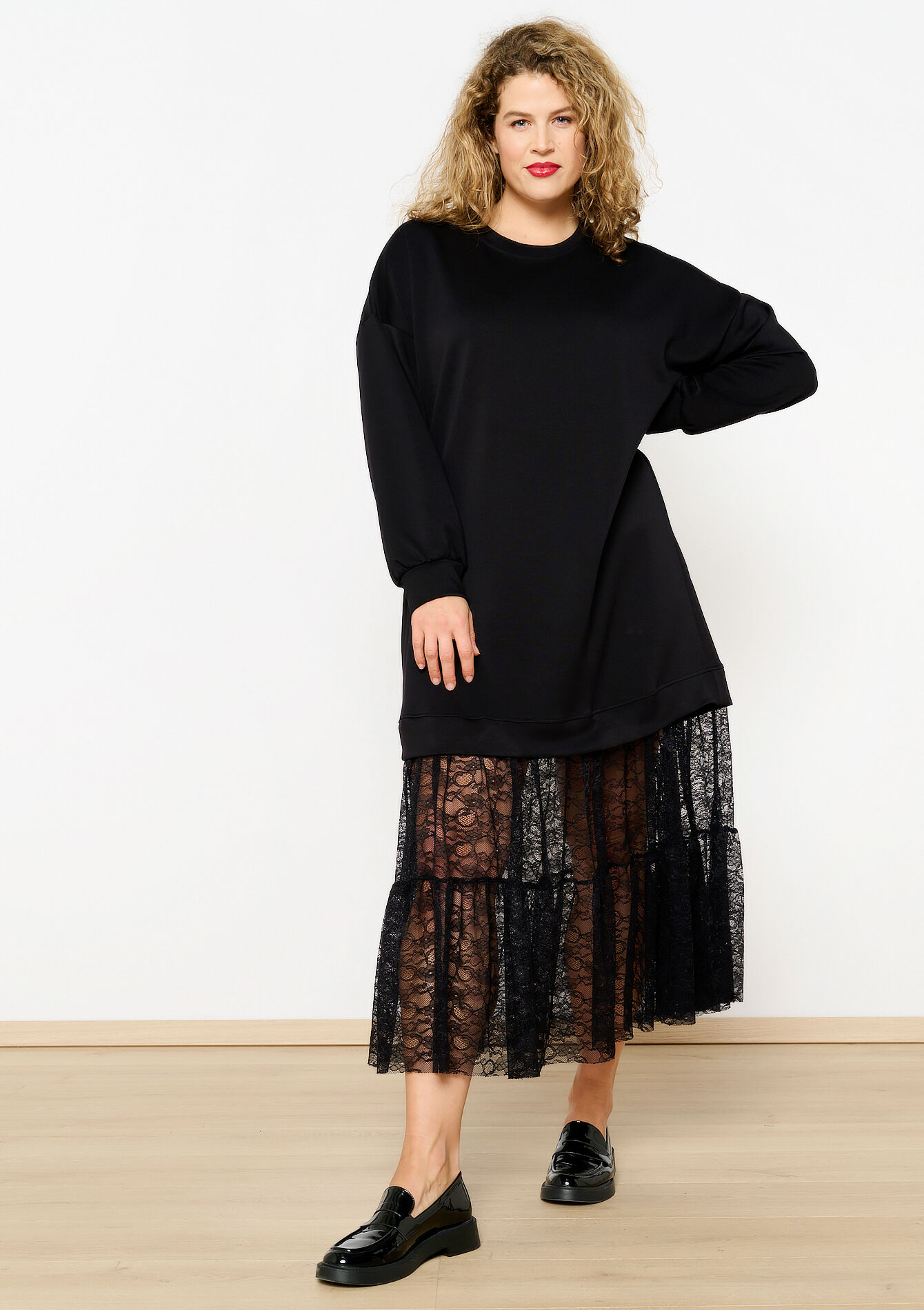 Sweater dress with lace, Sweater dress with lace - BLACK - 08103946_1119