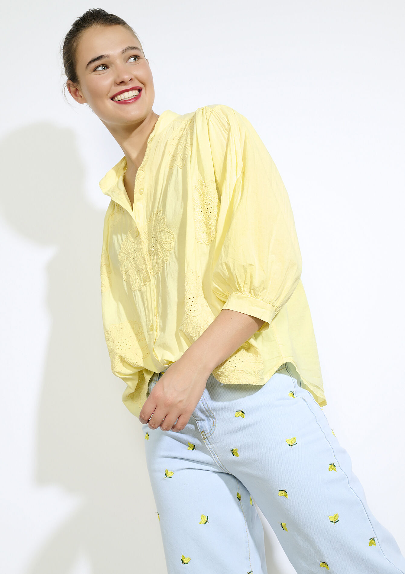 Blouse met broderie anglaise, Blouse met broderie anglaise - YELLOW PASTEL - 05702886_5004