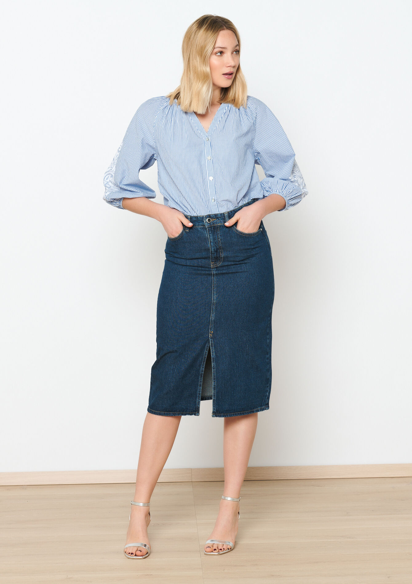 Jupe mi-longue en jean, Jupe mi-longue en jean - DARK BLUE - 07101202_0501