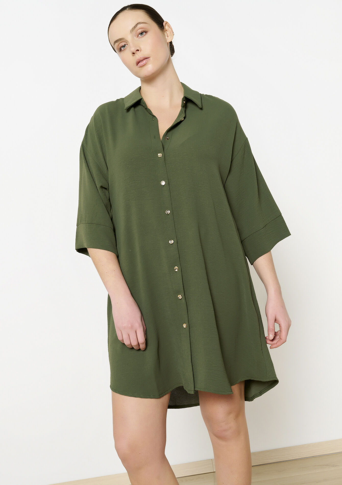 Hemdjurk met driekwartsmouwen - KHAKI MED - 08103993_4327