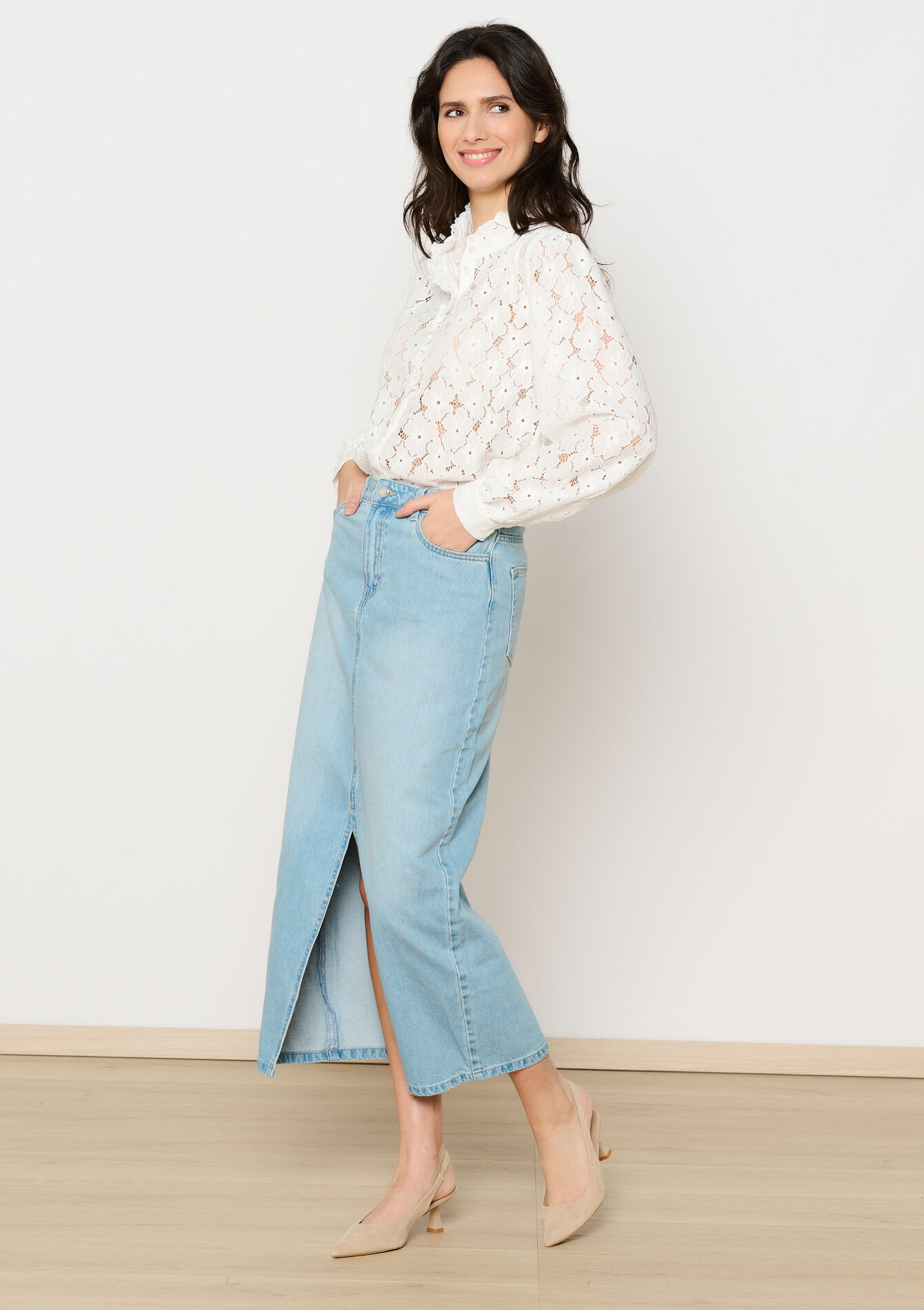 Maxi denim rok, Maxi denim rok - BLUE BLEACHED - 07101294_0502