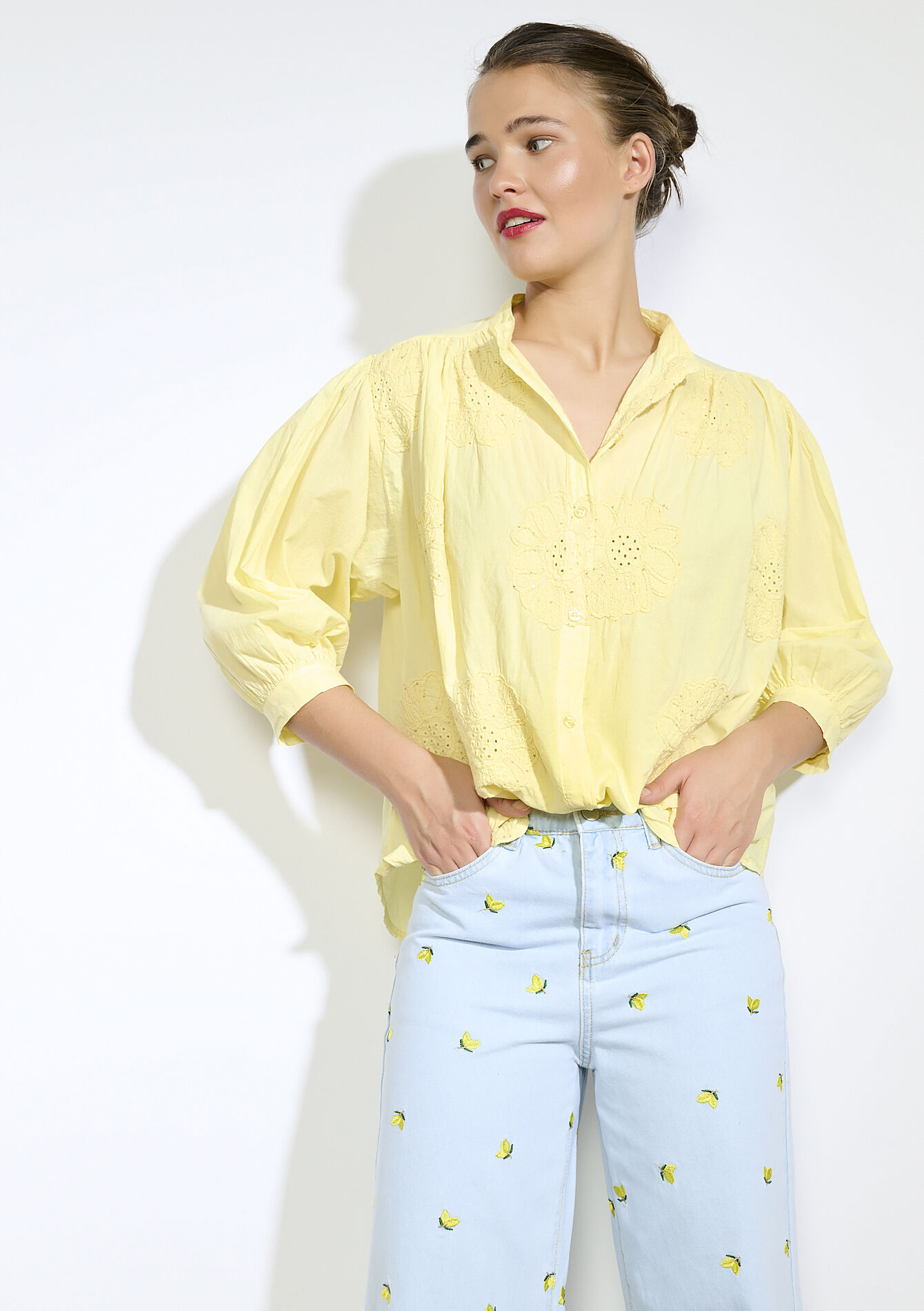Blouse met broderie anglaise, Blouse met broderie anglaise - YELLOW PASTEL - 05702886_5004