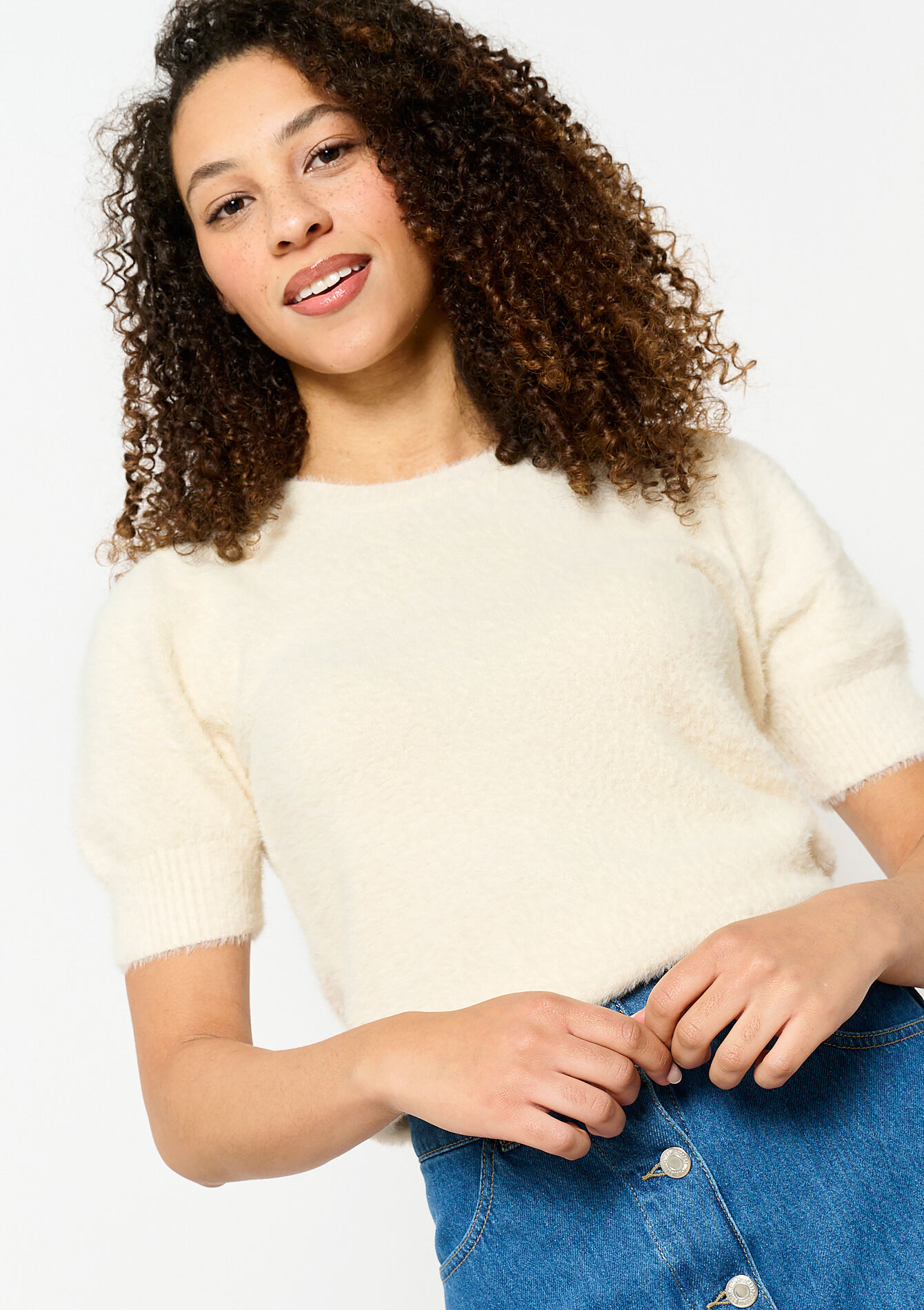 Pull en maille poilue à manches courtes, Pull en maille poilue à manches courtes - VANILLA WHITE - 04006825_1013