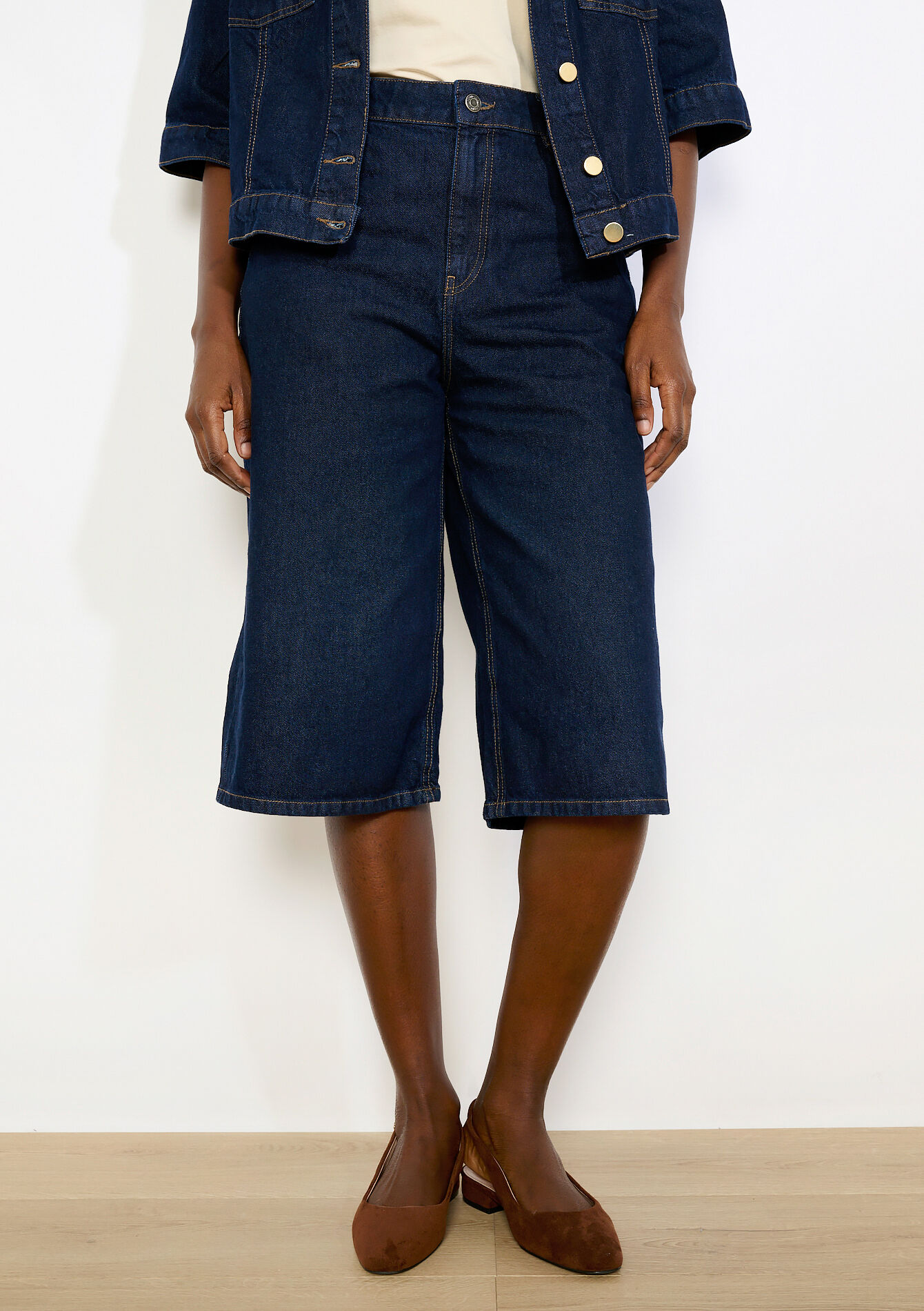 Denim bermuda met hoge taille - DARK BLUE - 22000662_0501