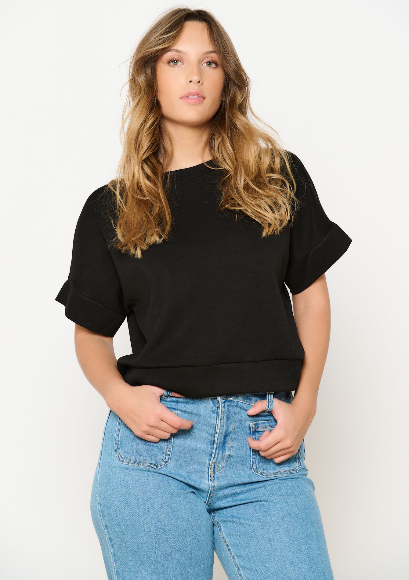 T-shirt in sweatstof, T-shirt in sweatstof - BLACK - 15100315_1119
