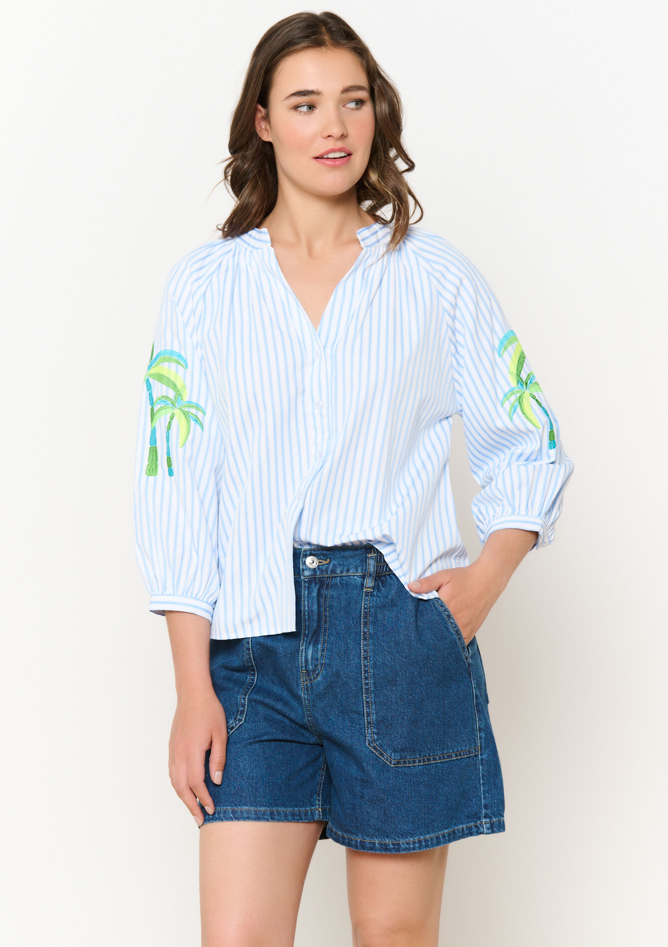 Chemise avec palmiers brodés, Chemise avec palmiers brodés - BLUE PASTEL - 05702723_3003