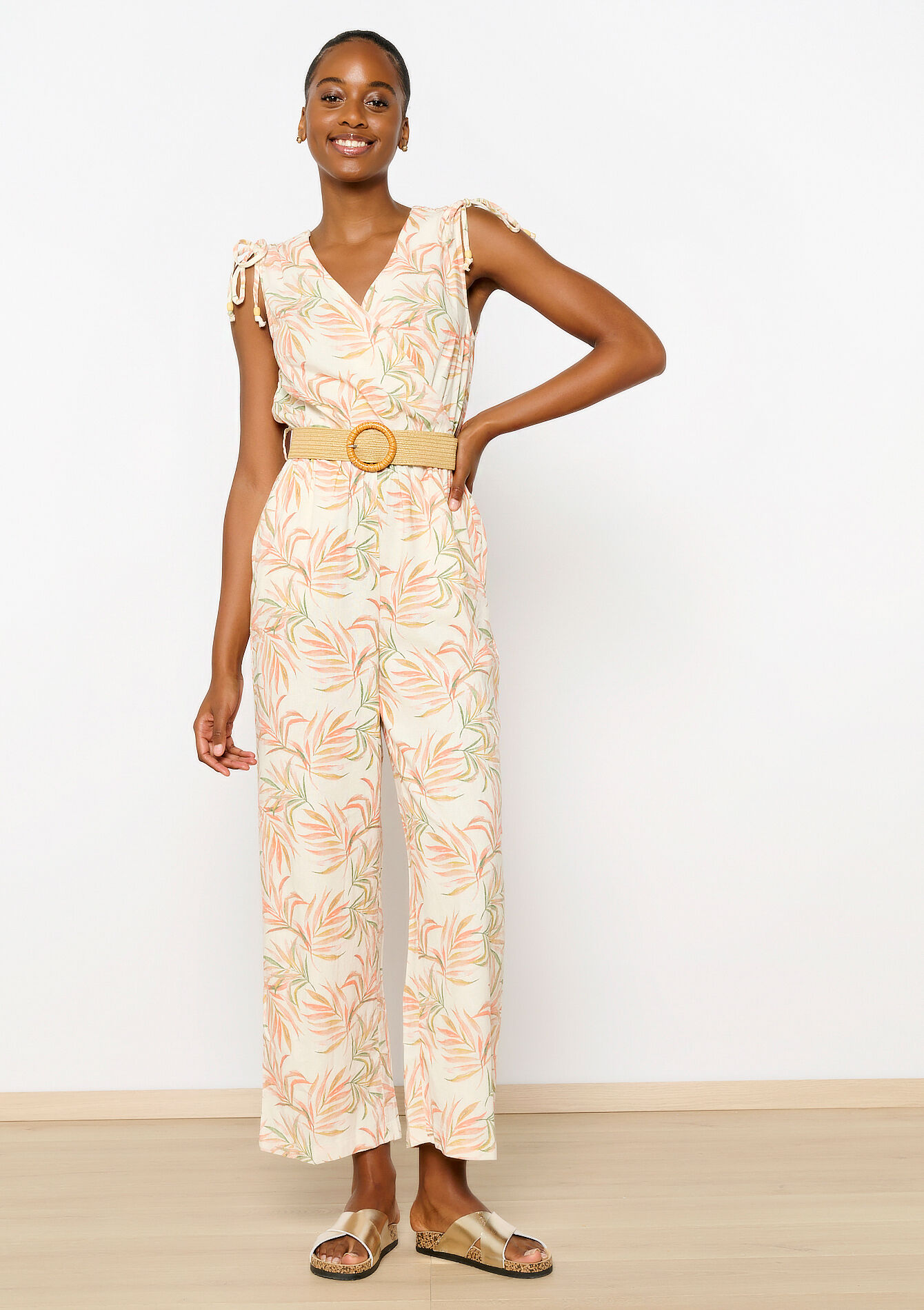 Linen jumpsuit with leaf print, Linen jumpsuit with leaf print - OFFWHITE - 06004473_1001