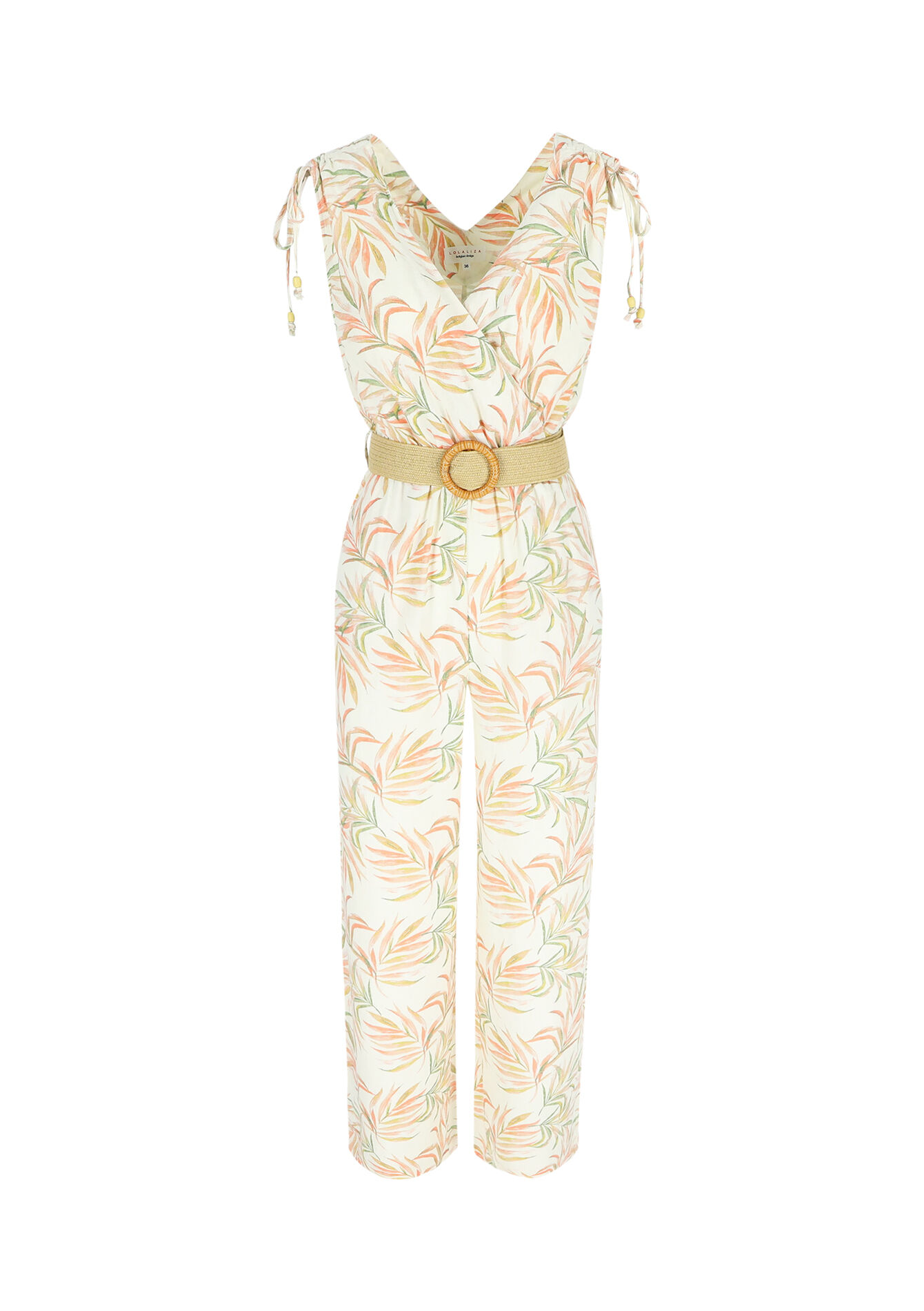Linen jumpsuit with leaf print, Linen jumpsuit with leaf print - OFFWHITE - 06004473_1001