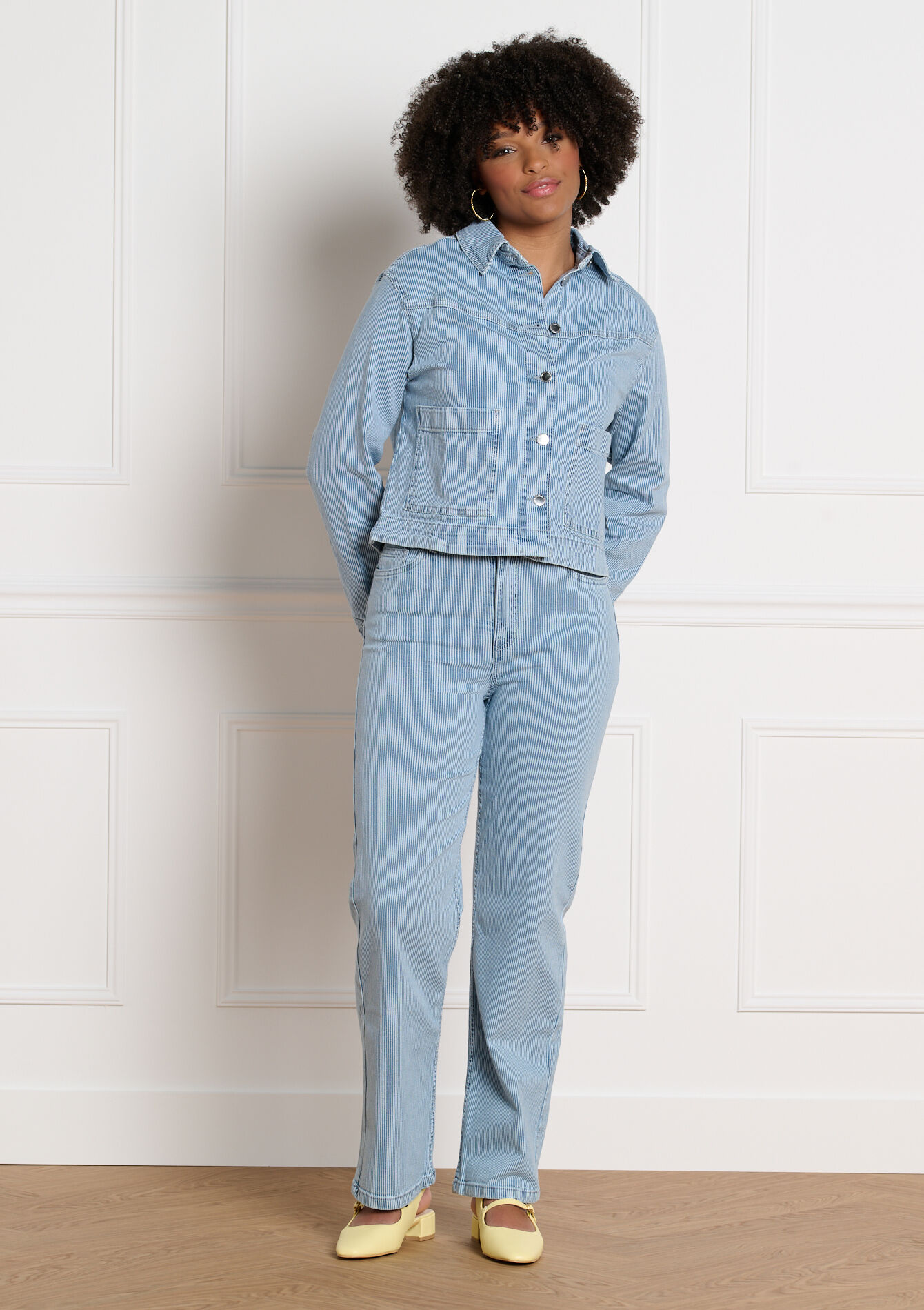 Gestreepte denim broek met rechte pijpen - BLUE DENIM - 06004675_1638