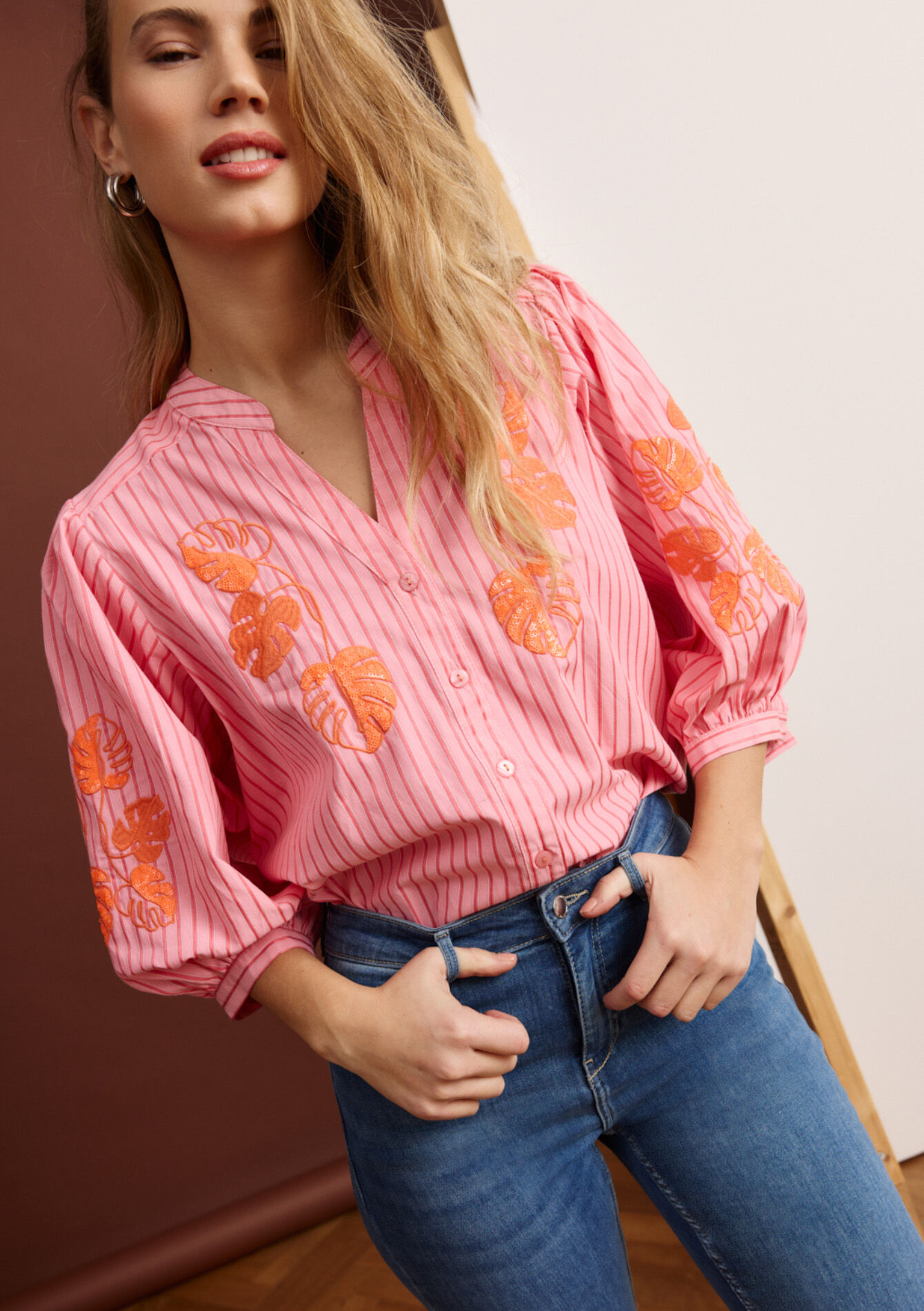 Embroidered striped blouse, Embroidered striped blouse, , back