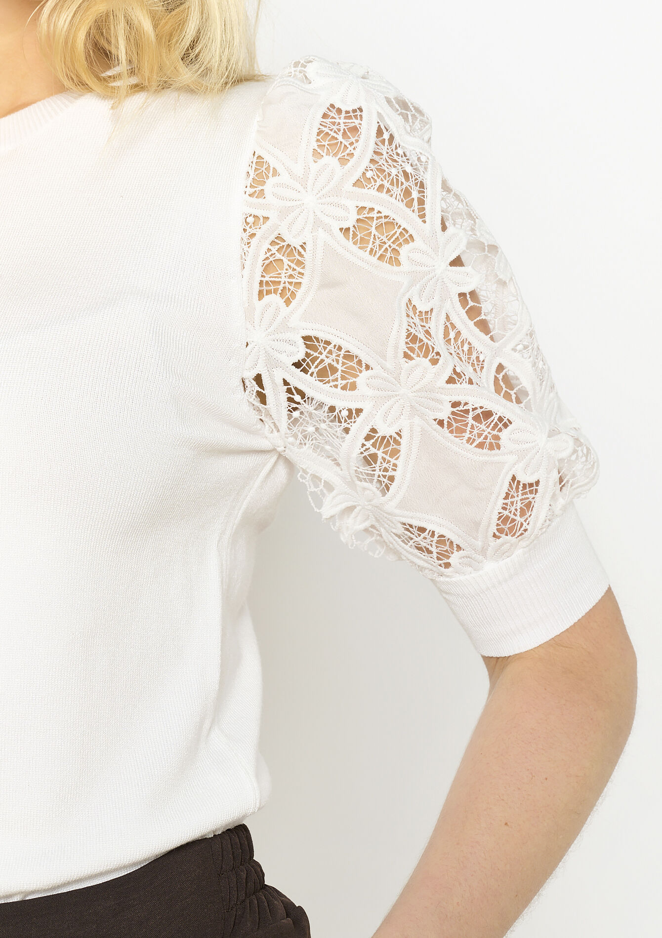 Pull manches dentelle, Pull manches dentelle - OPTICAL WHITE - 04006832_1019