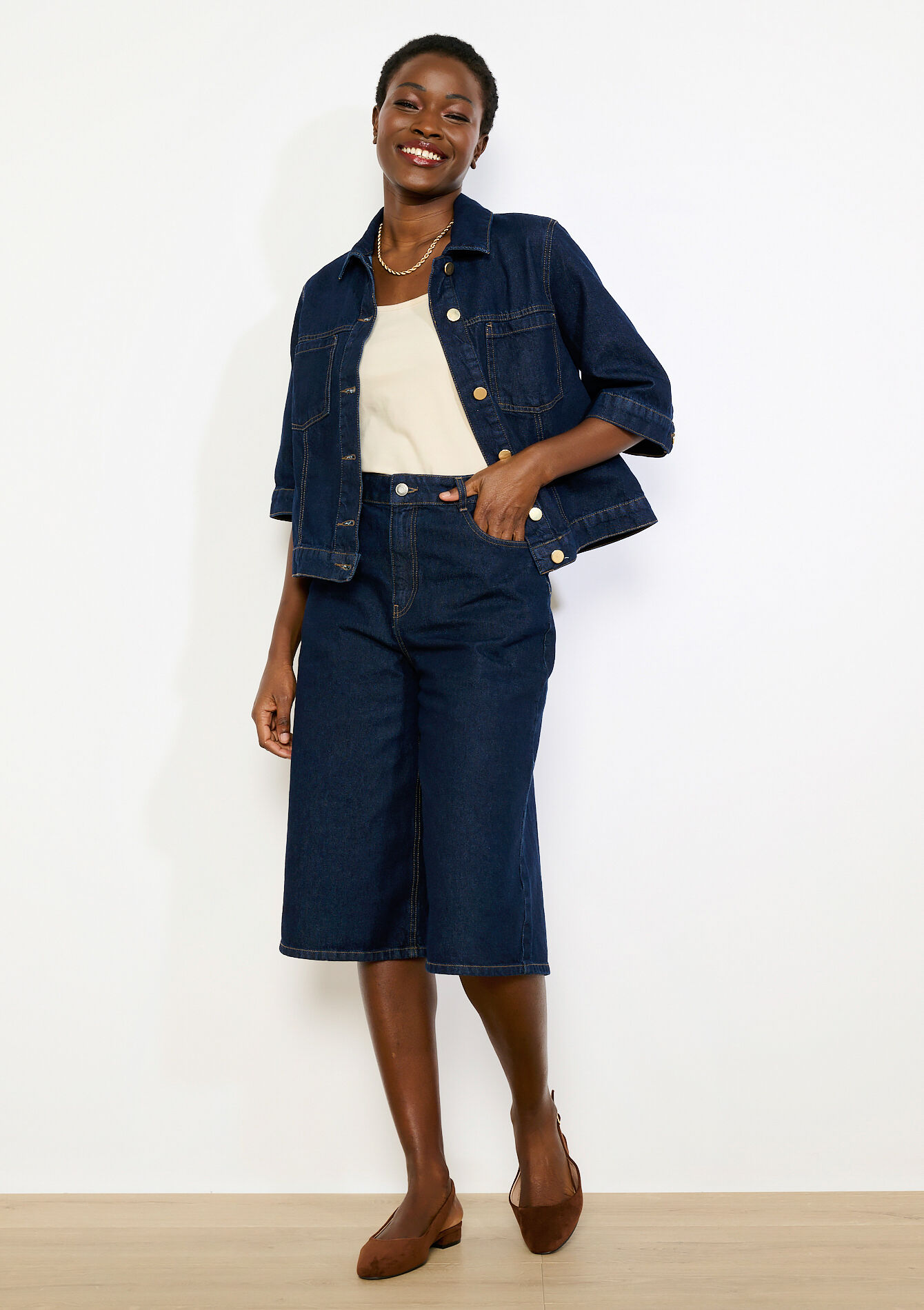 Denim bermuda met hoge taille - DARK BLUE - 22000662_0501