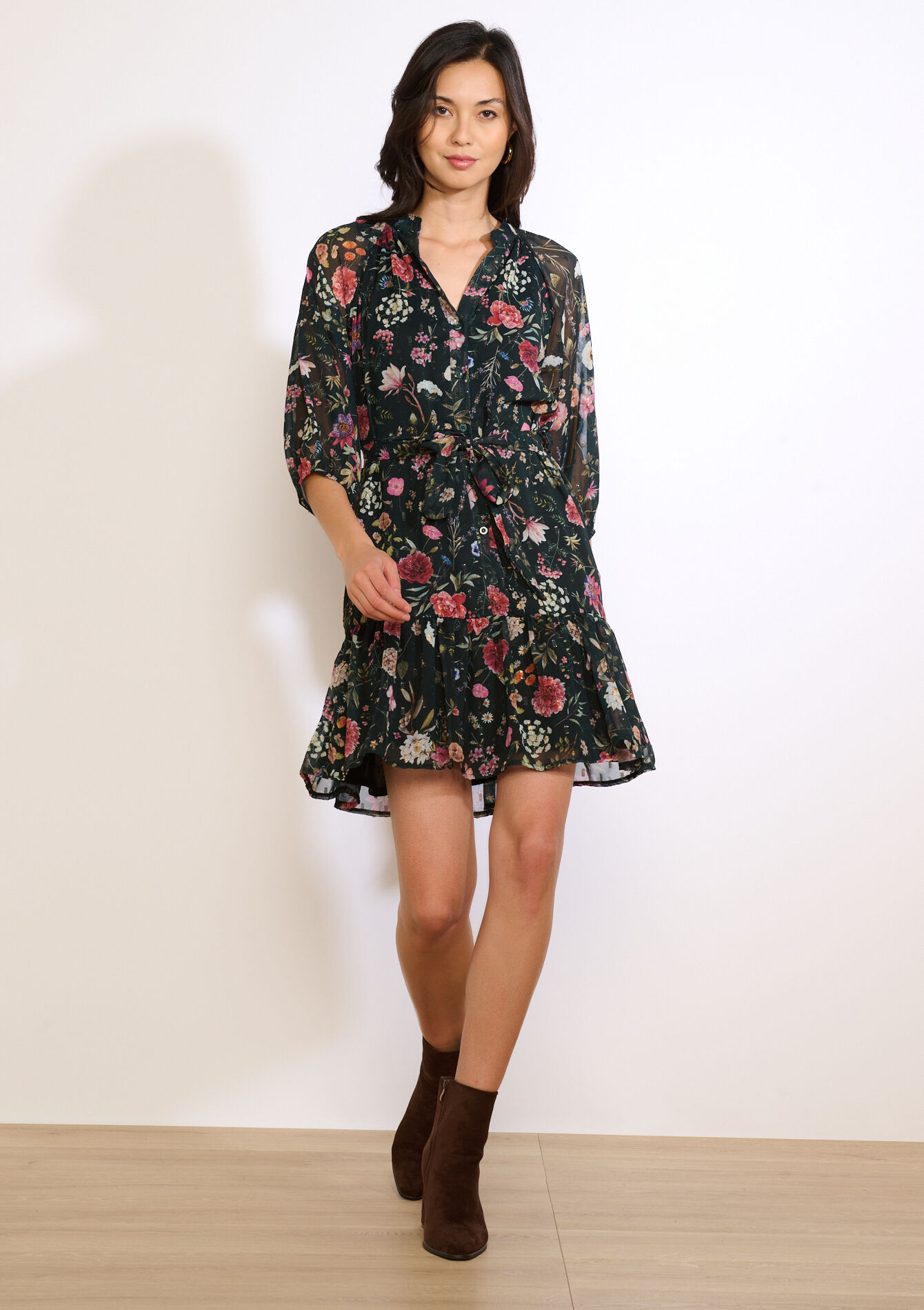 Floral belted short dress - BOTTLE GREEN - 08104310_1778
