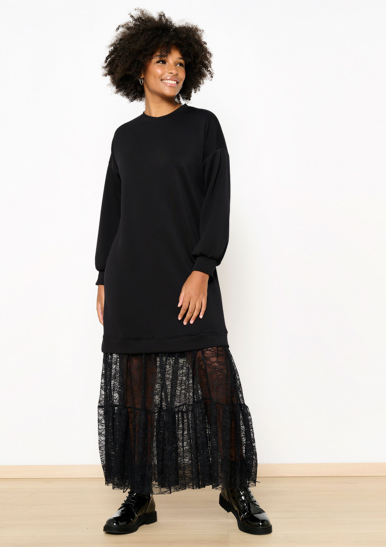 Sweater dress with lace, Sweater dress with lace - BLACK - 08103946_1119