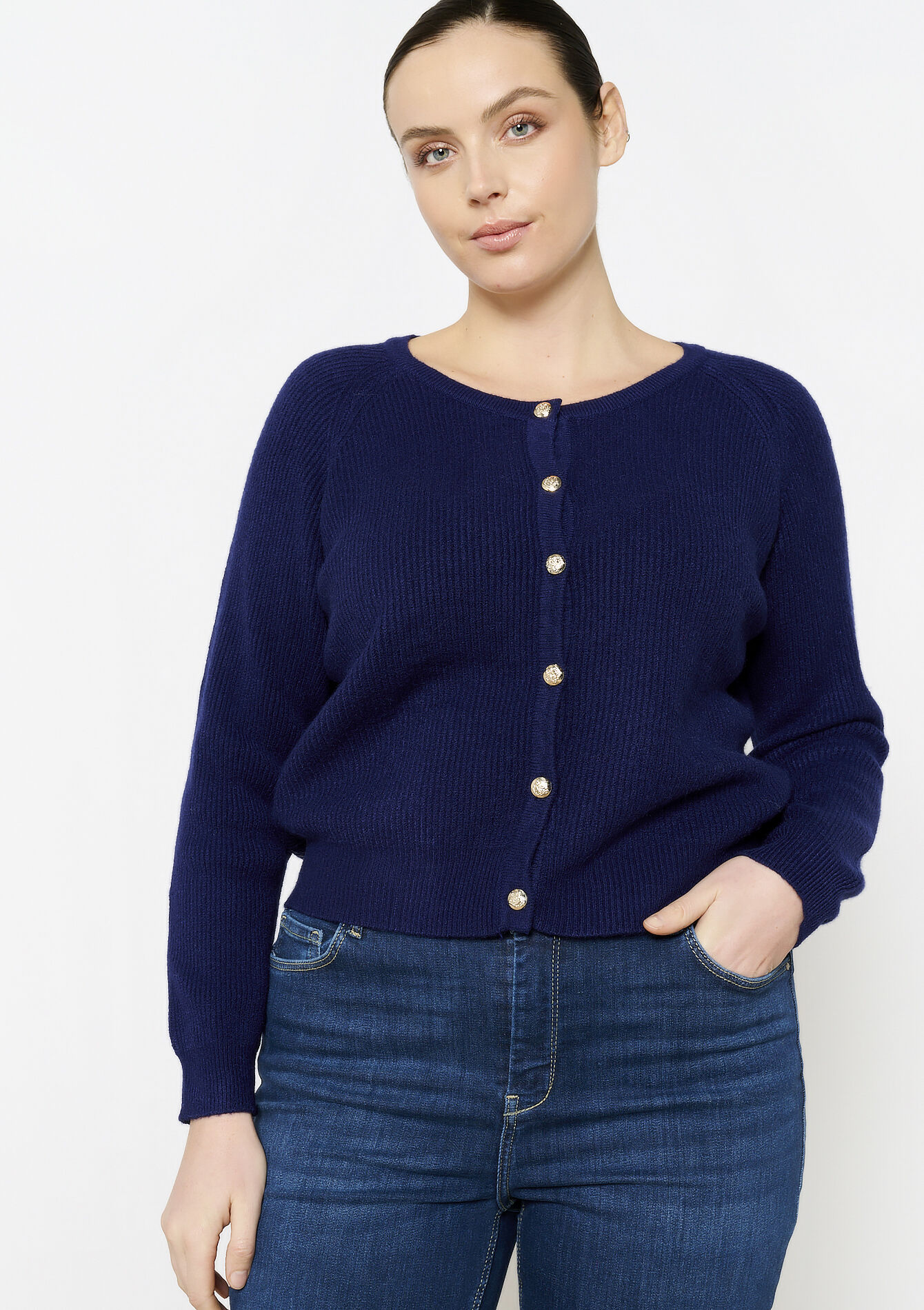 Geribde cardigan met ronde hals - NAVY BASIC - 04101253_2723