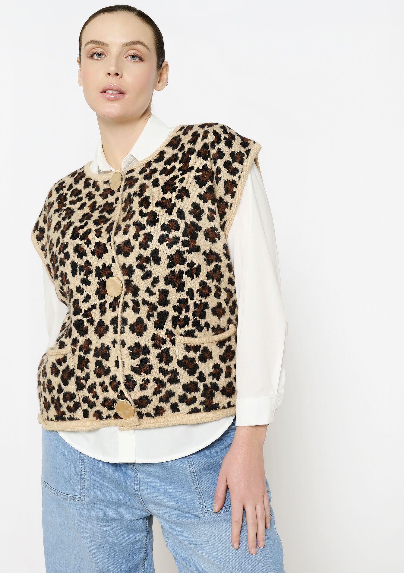 Mouwloze cardigan met luipaardprint, Mouwloze cardigan met luipaardprint - CAMEL - 04101279_950