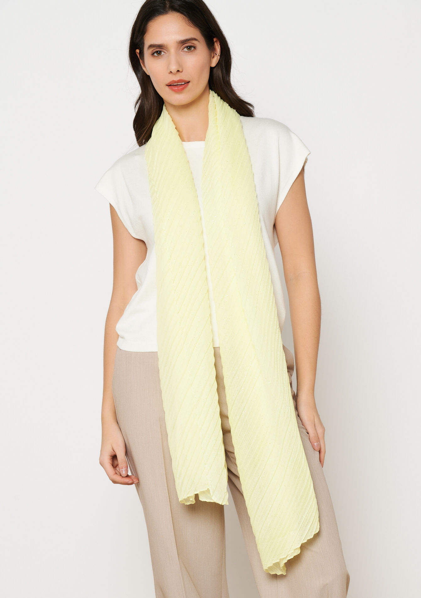 Scarf with plissé and sequins, Scarf with plissé and sequins - YELLOW SUN - 17101258_5007
