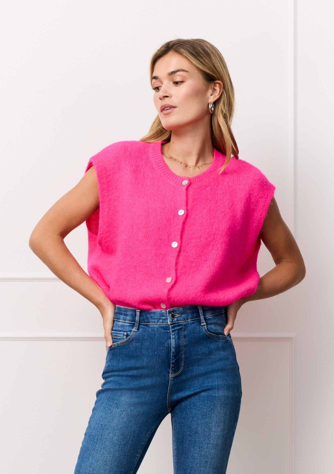 Sleeveless cardigan in alpaca wool - FLUO PINK - 04101283_5727