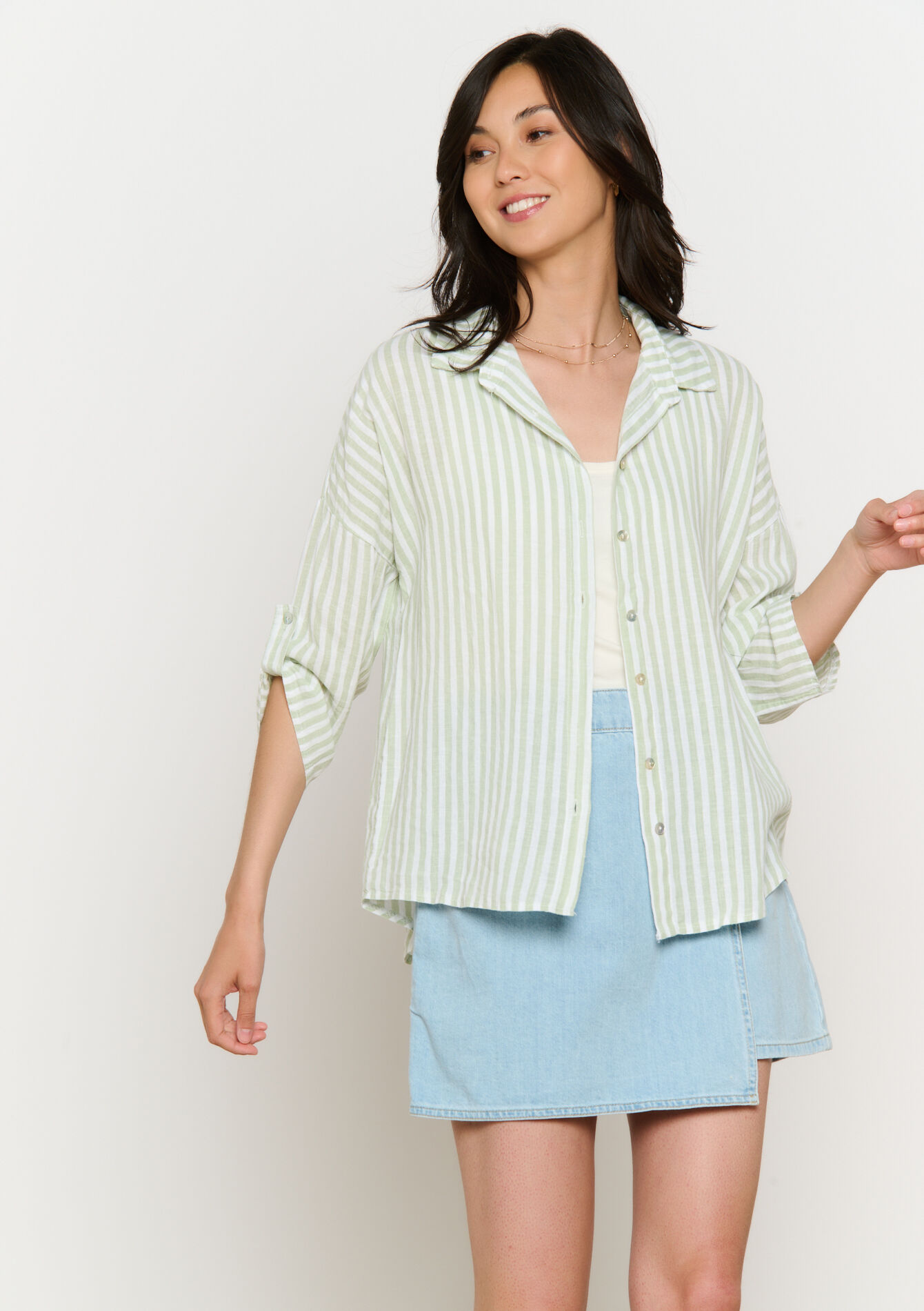 Losvallende streepjesblouse, Losvallende streepjesblouse - KHAKI MINT - 05702837_2542