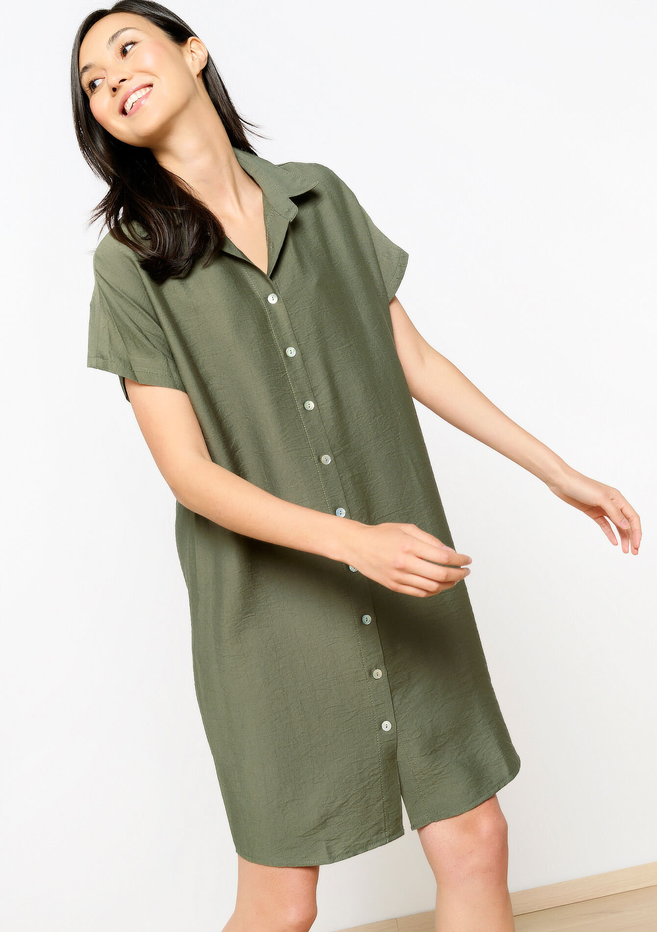 Robe-chemise en tissu crêpé, Robe-chemise en tissu crêpé - KHAKI MED - 08103793_4327