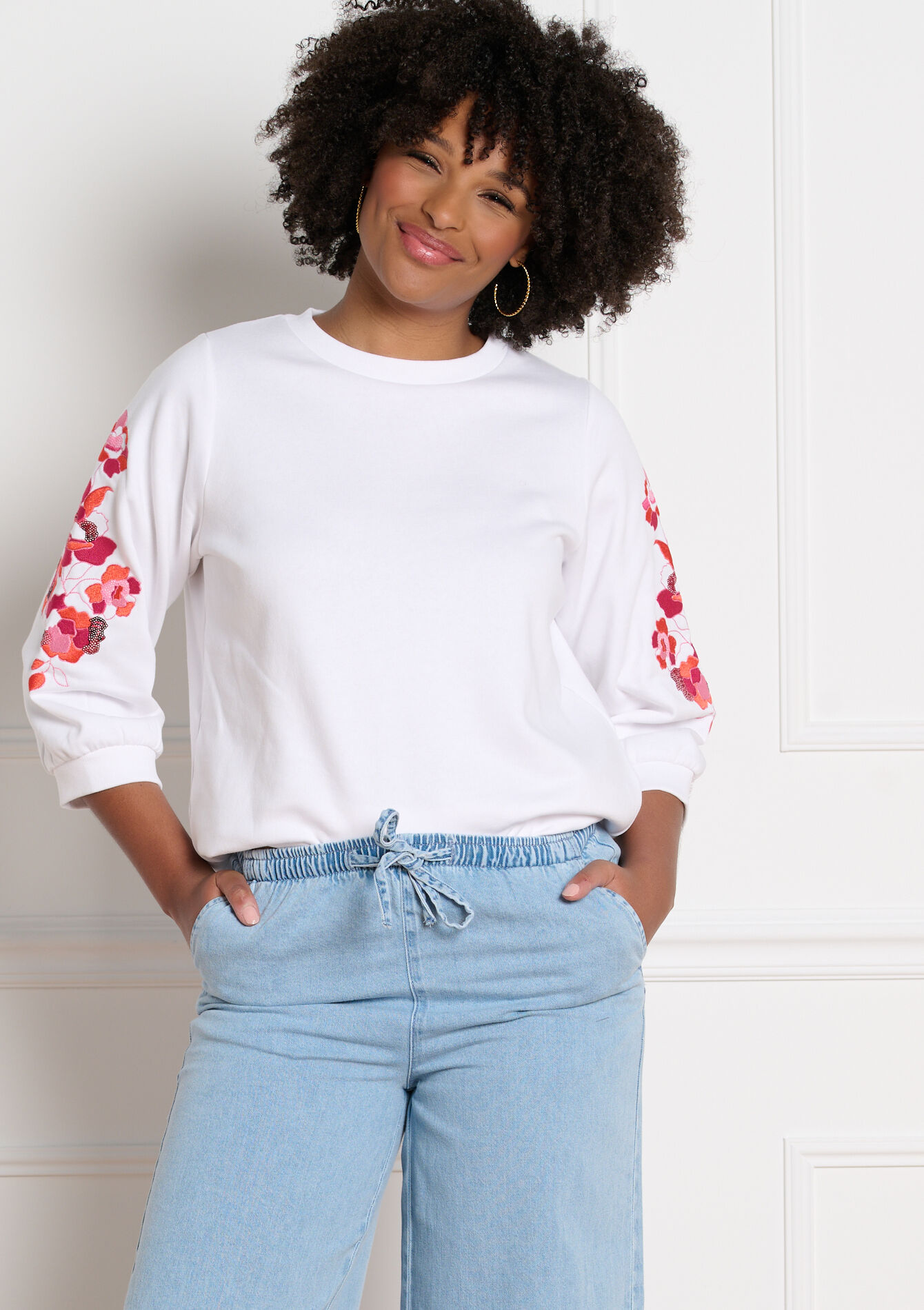 Sweatshirt met geborduurde mouwen, Sweatshirt met geborduurde mouwen - OFFWHITE - 03001829_1001