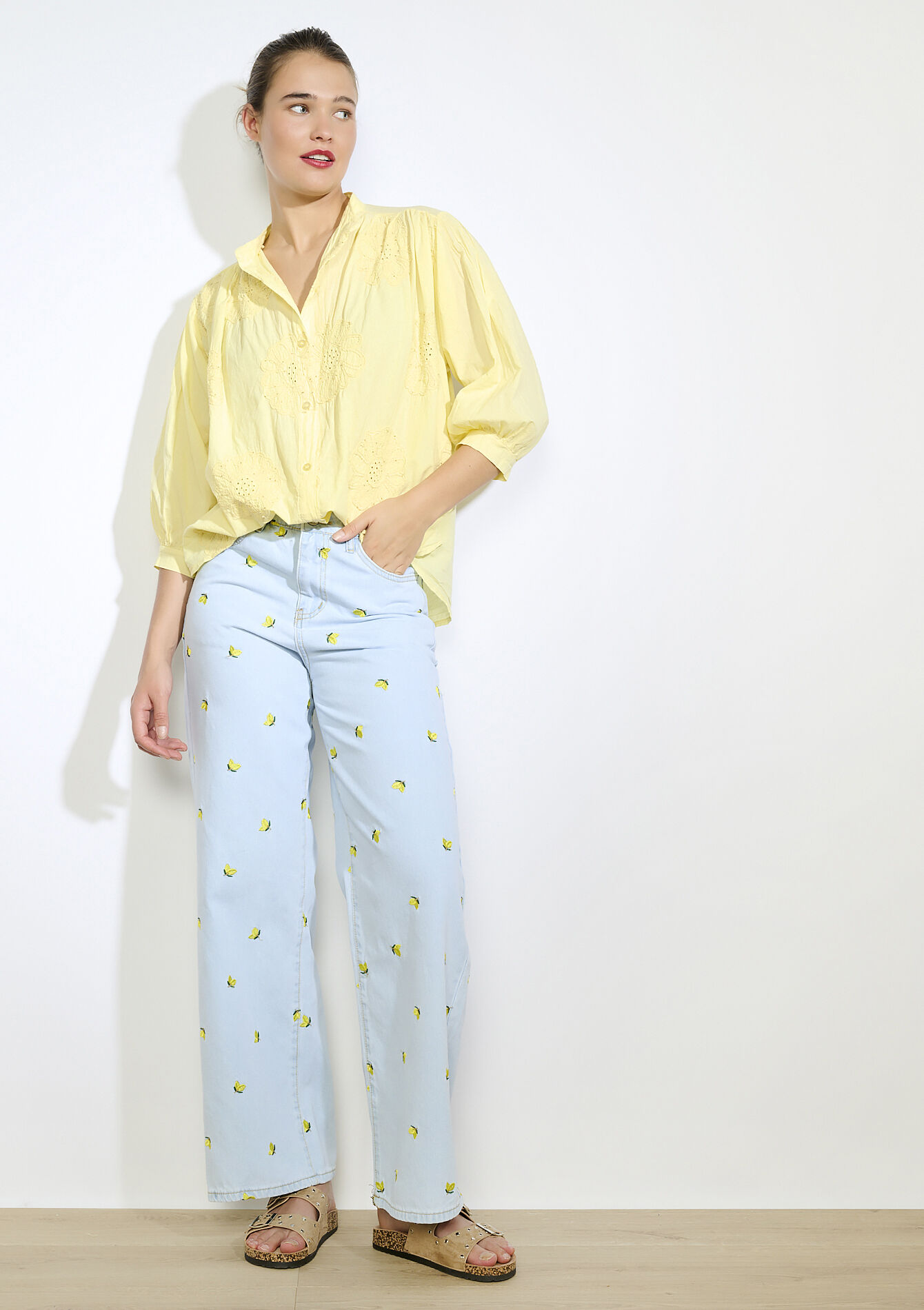 Blouse met broderie anglaise, Blouse met broderie anglaise - YELLOW PASTEL - 05702886_5004