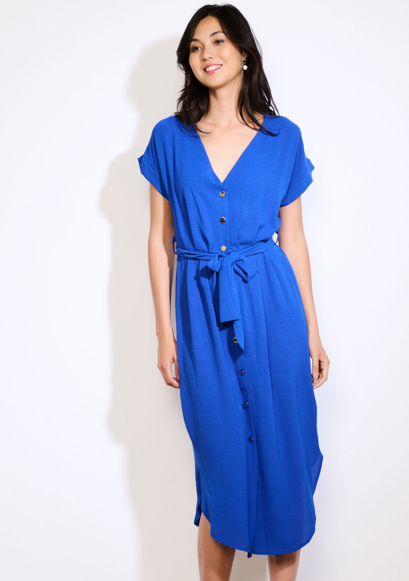 Midi-jurk met knopen en ceintuur, Midi-jurk met knopen en ceintuur - ELECTRIC BLUE - 08104256_1619