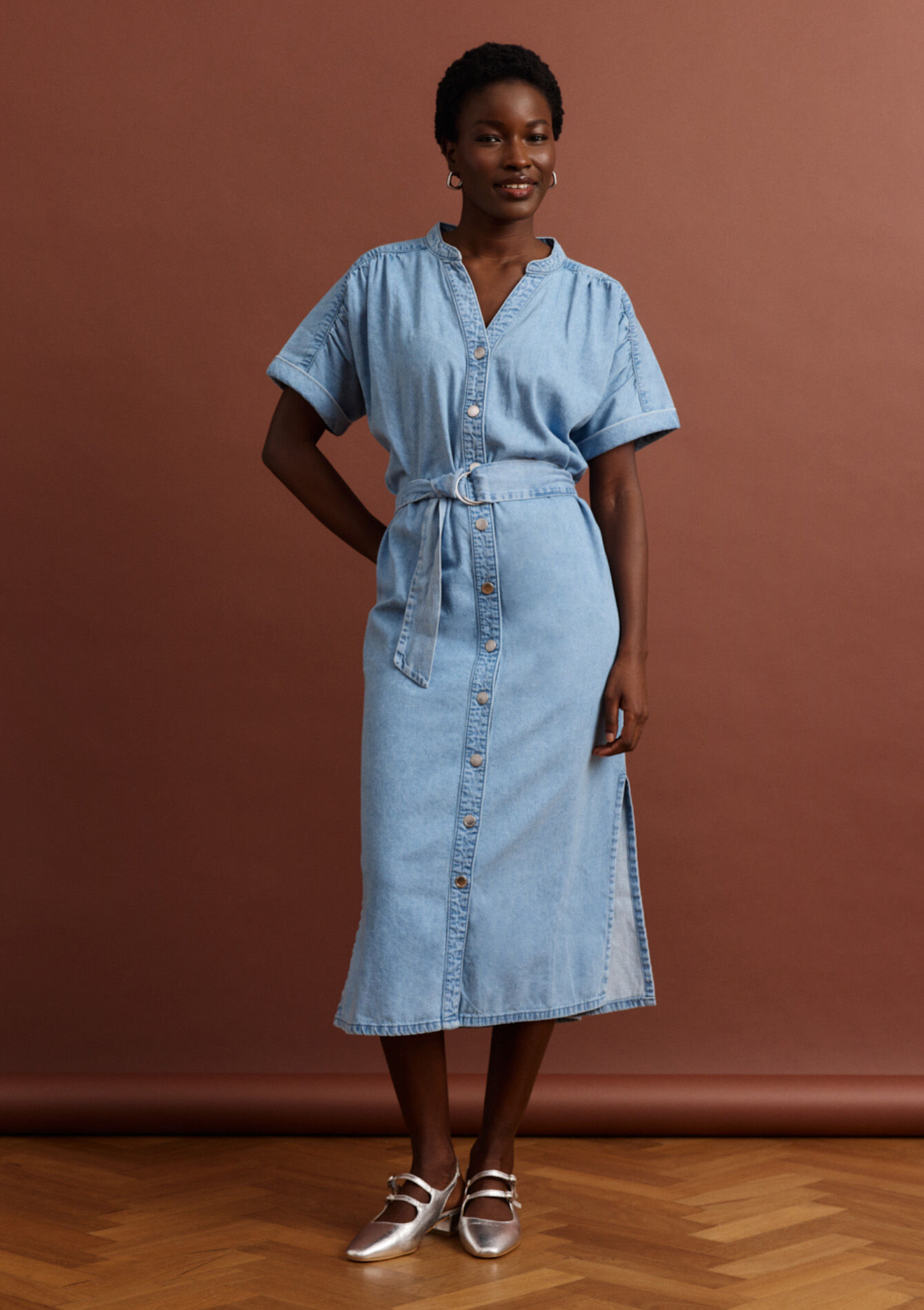 Belted denim midi dress, Belted denim midi dress, , back