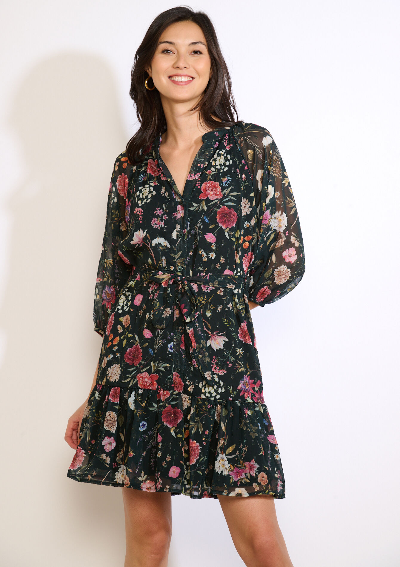 Floral belted short dress - BOTTLE GREEN - 08104310_1778