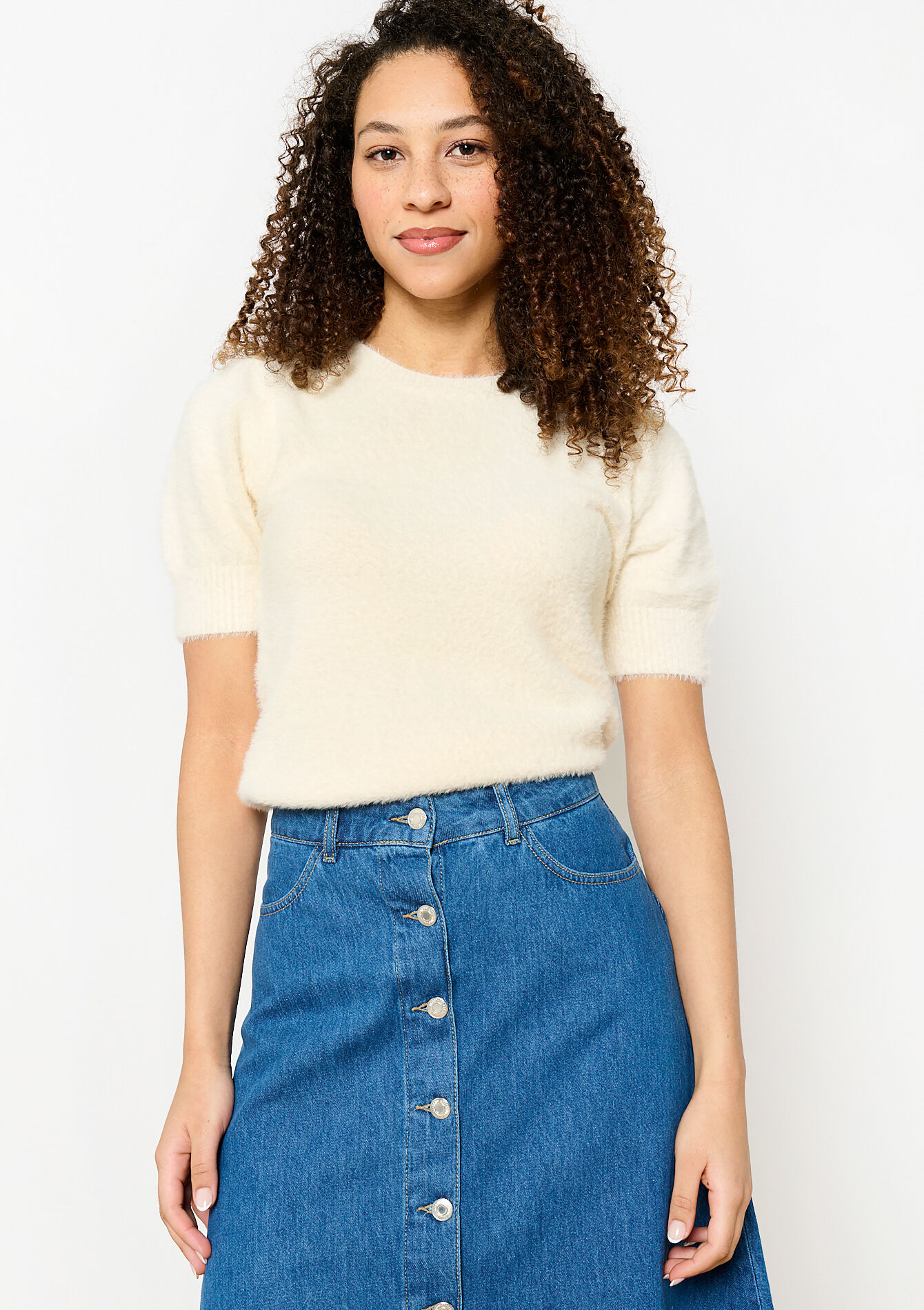 Pull en maille poilue à manches courtes, Pull en maille poilue à manches courtes - VANILLA WHITE - 04006825_1013