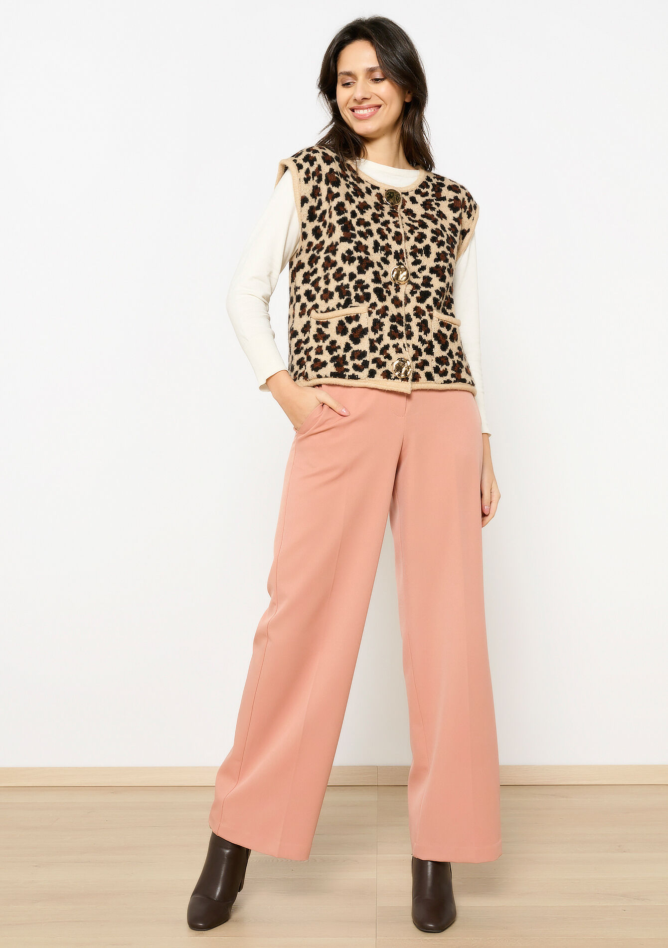 Mouwloze cardigan met luipaardprint, Mouwloze cardigan met luipaardprint - CAMEL - 04101279_950