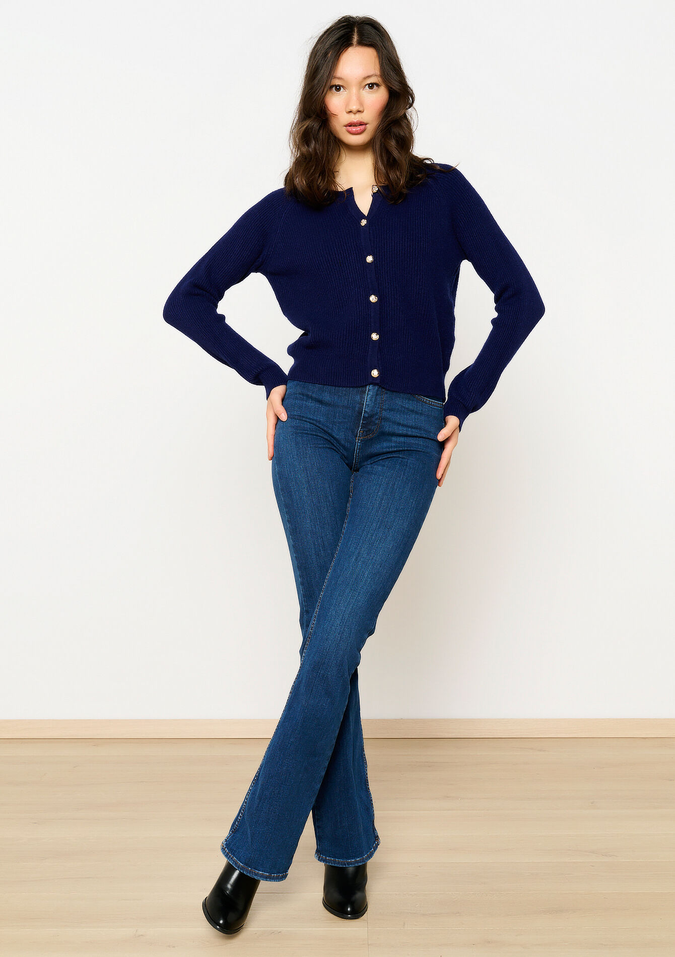 Geribde cardigan met ronde hals - NAVY BASIC - 04101253_2723