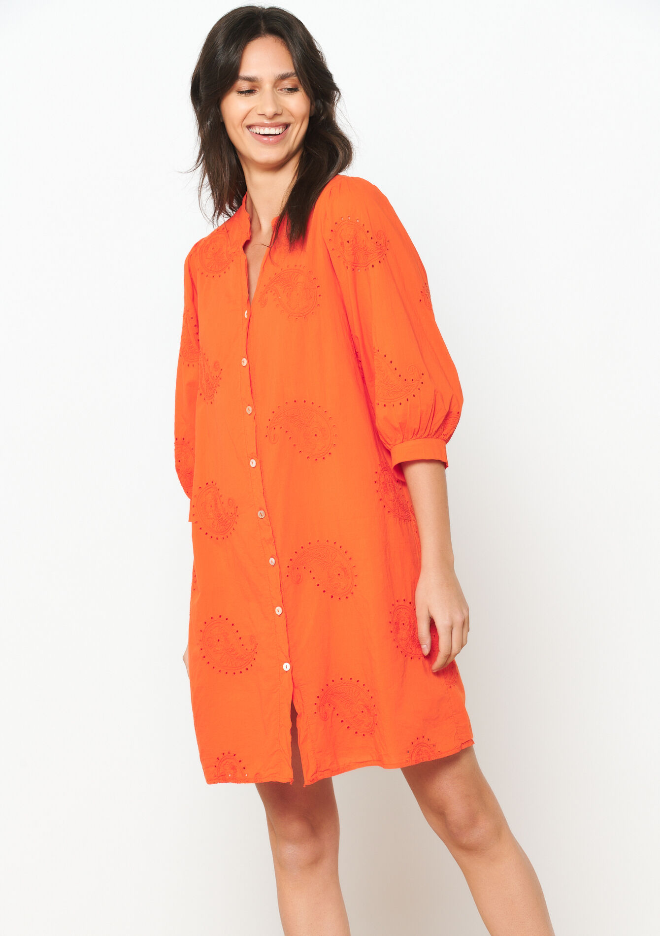 Robe-chemise avec broderie, Robe-chemise avec broderie - ORANGE BRIGHT - 08103649_1255