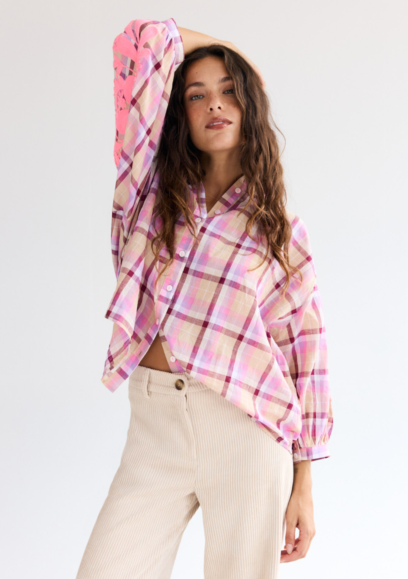 Geblokte blouse met borduursel - VANILLA WHITE - 05702941_1013