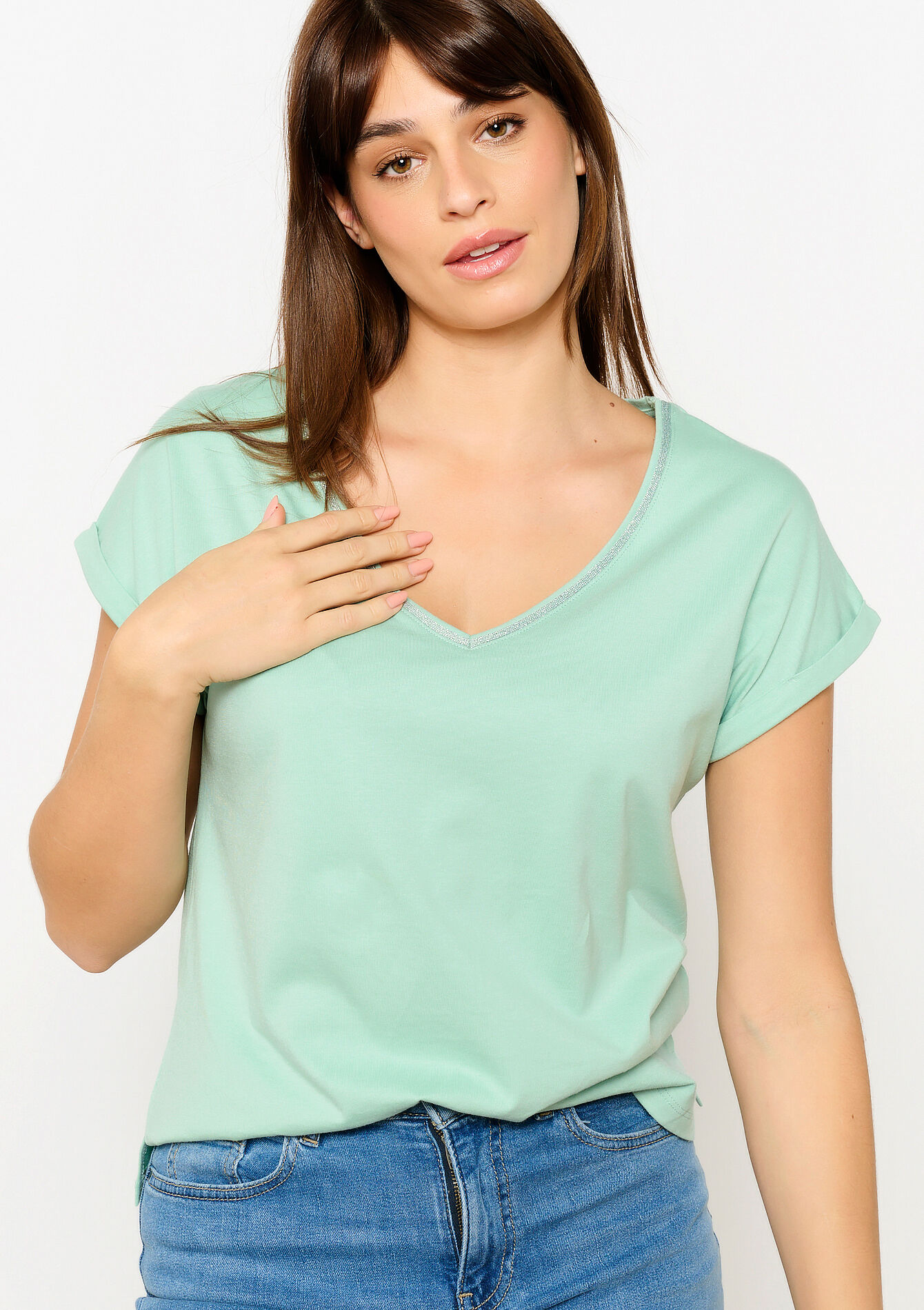 T-shirt basique à col V, T-shirt basique à col V - MINT GREEN - 02301634_1723