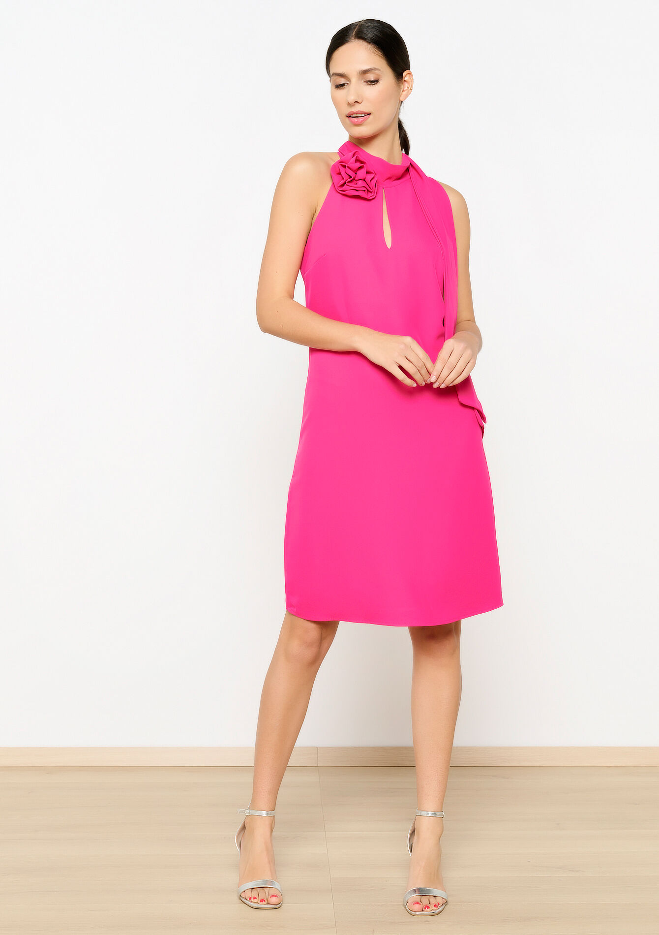 Halter dress with rose brooch, Halter dress with rose brooch - FUCHSIA - 08103564_5626