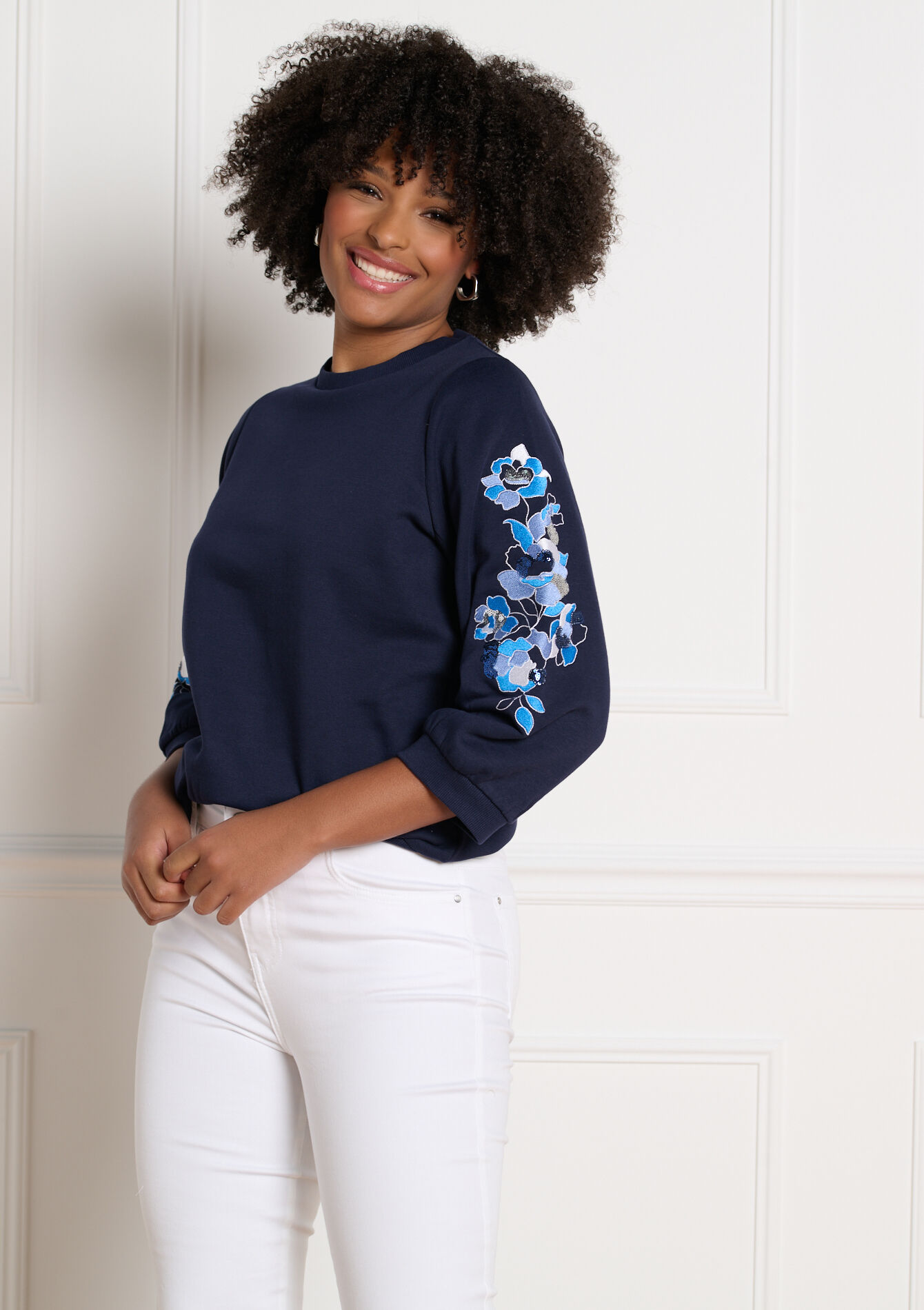 Embroidered sleeve sweatshirt, Embroidered sleeve sweatshirt, , back