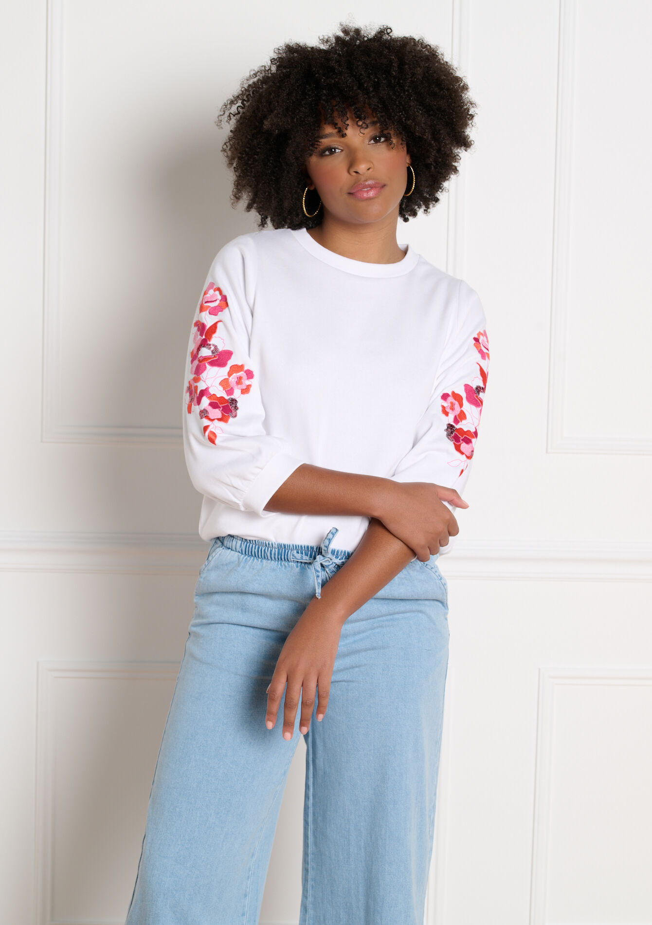 Sweatshirt met geborduurde mouwen, Sweatshirt met geborduurde mouwen - OFFWHITE - 03001829_1001